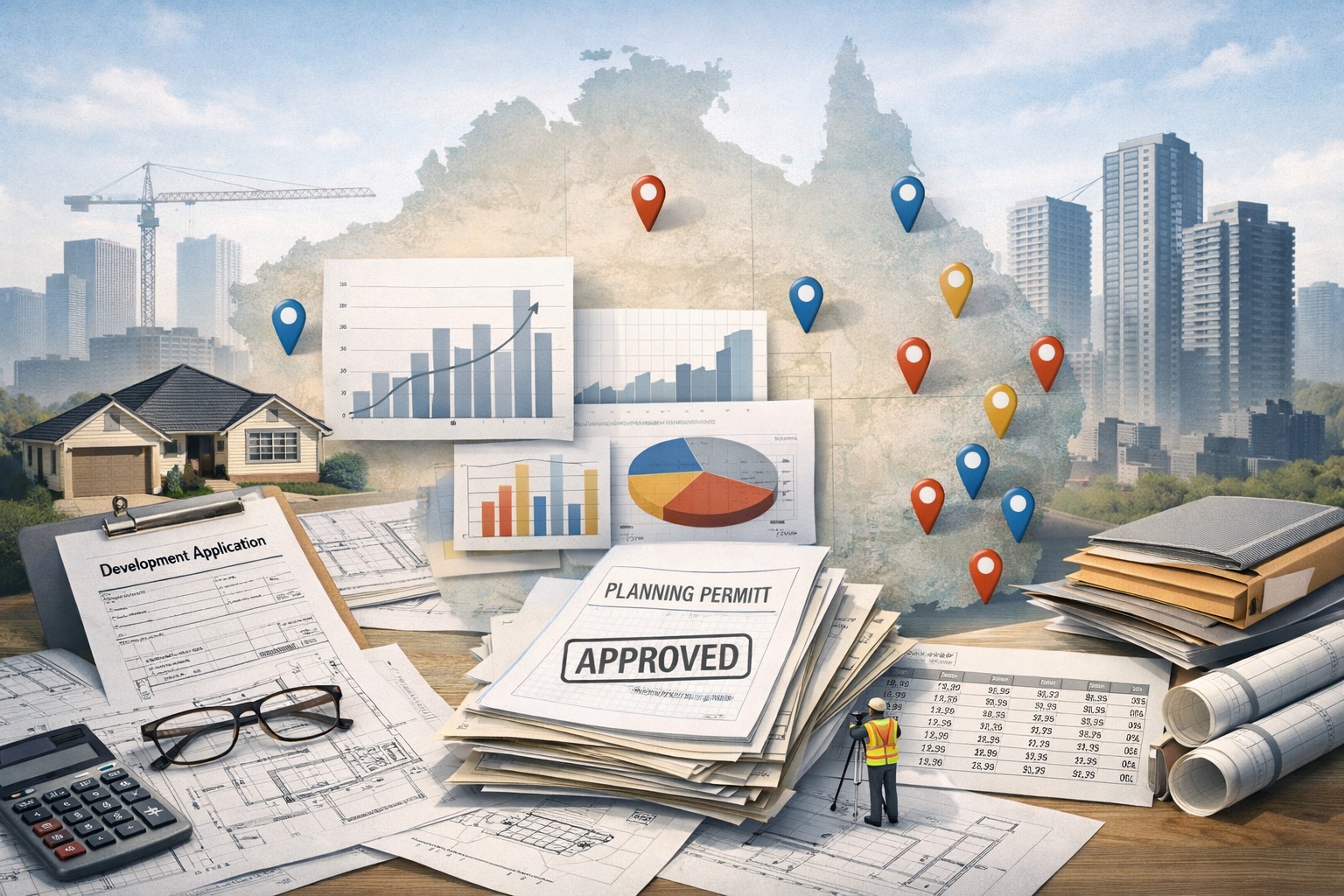 A data-journalism editorial montage of development activity across Australia