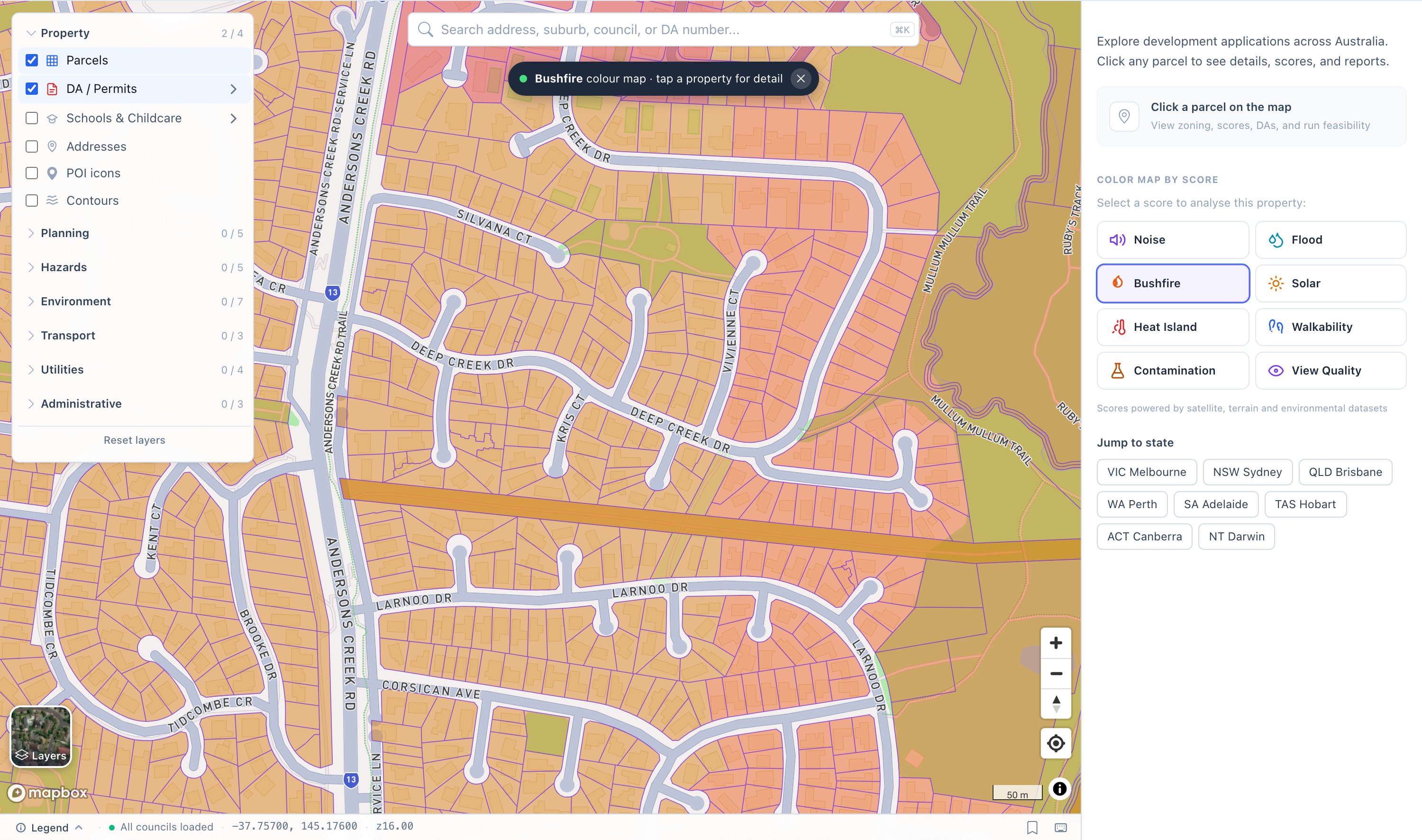 The bushfire colour map on our map at the urban fringe: parcels coloured by bushfire score, risk climbing towards the bush reserve