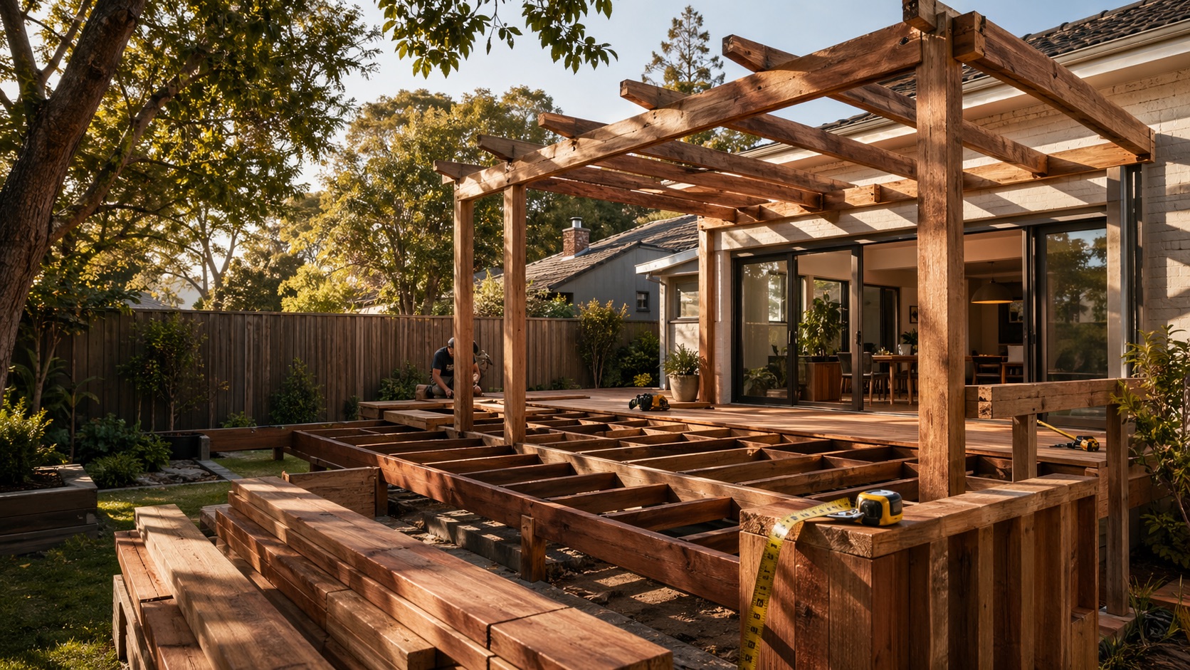 Melbourne backyard deck and pergola under construction