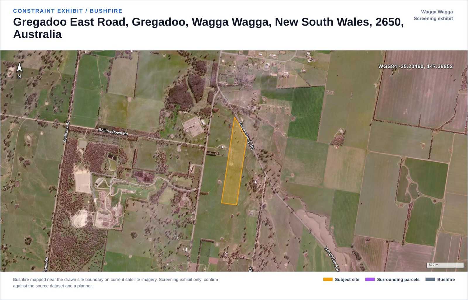 Bushfire constraint exhibit from the Gregadoo screening report showing the mapped Vegetation Category 3 bushfire area over the parcel