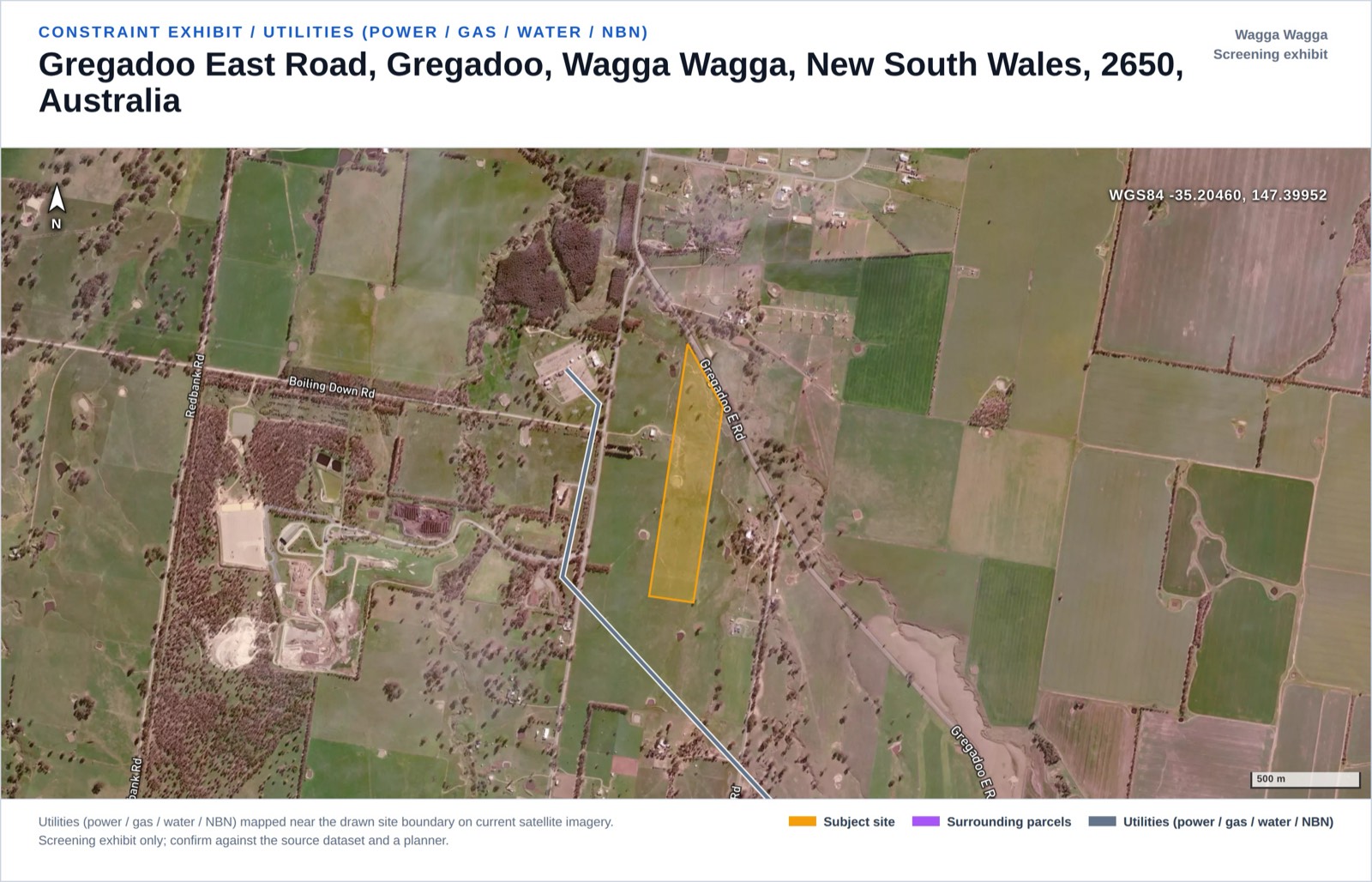 Utilities exhibit from the same report showing the 330 kV transmission line passing 252 m from the parcel