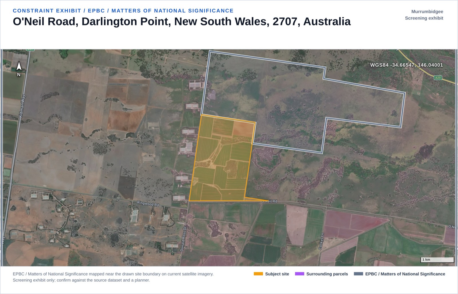 EPBC constraint exhibit from the Darlington Point solar screening report, with a mapped EPBC / Matters of National Significance feature adjoining the site's northeastern boundary