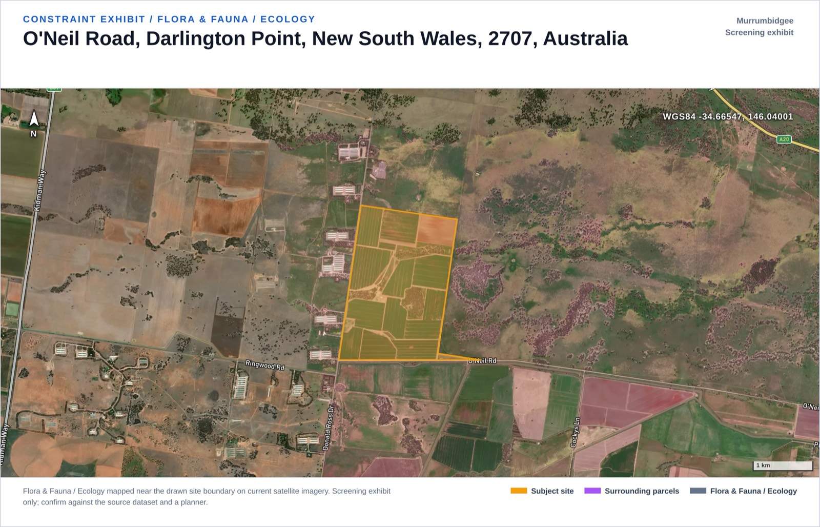 Flora and fauna exhibit from the Darlington Point screening report, showing vegetation mapping over the parcel