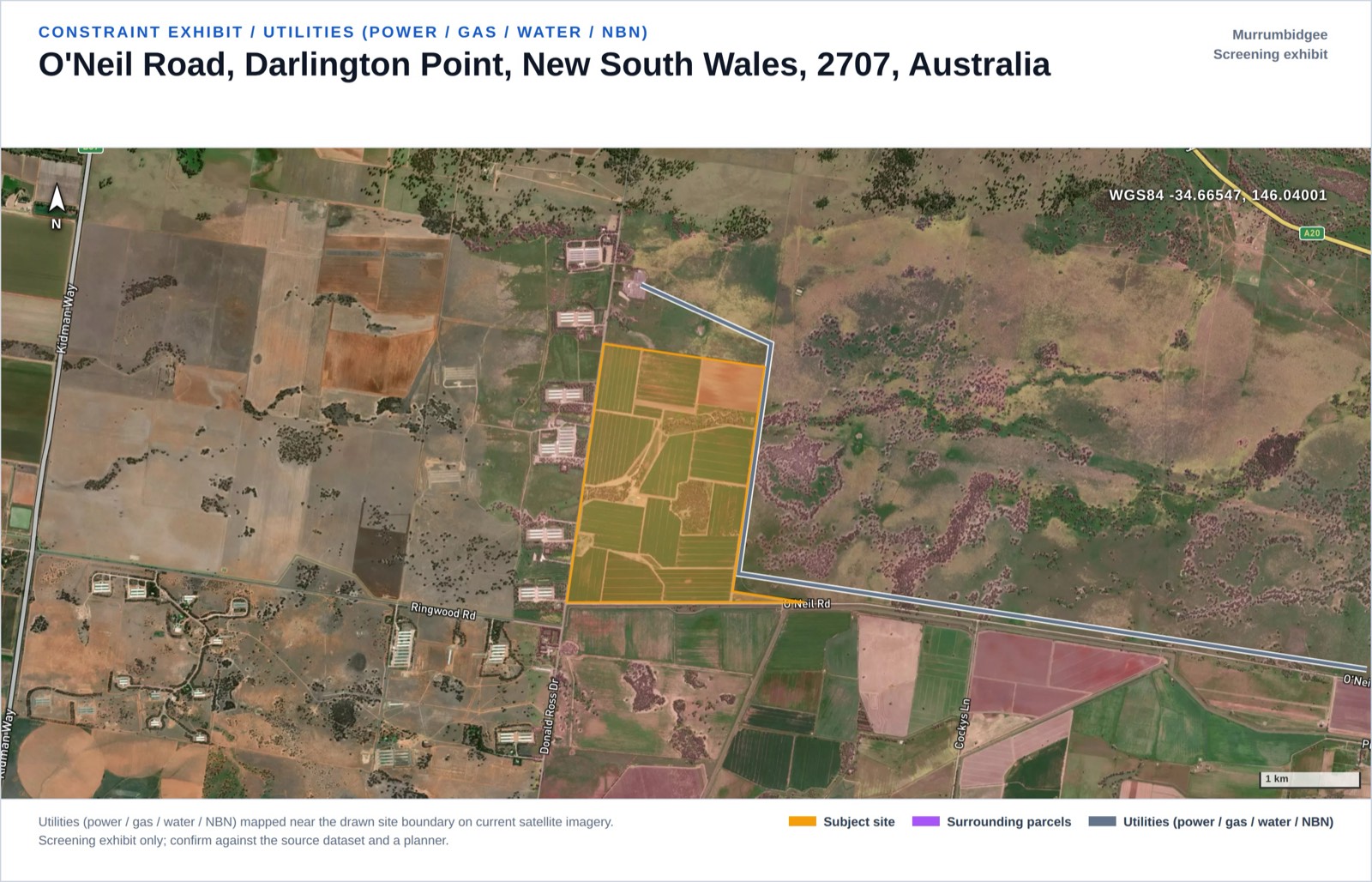 Utilities exhibit from the Darlington Point screening report, with the 330 kV transmission line running along the eastern boundary, 17 m from the parcel