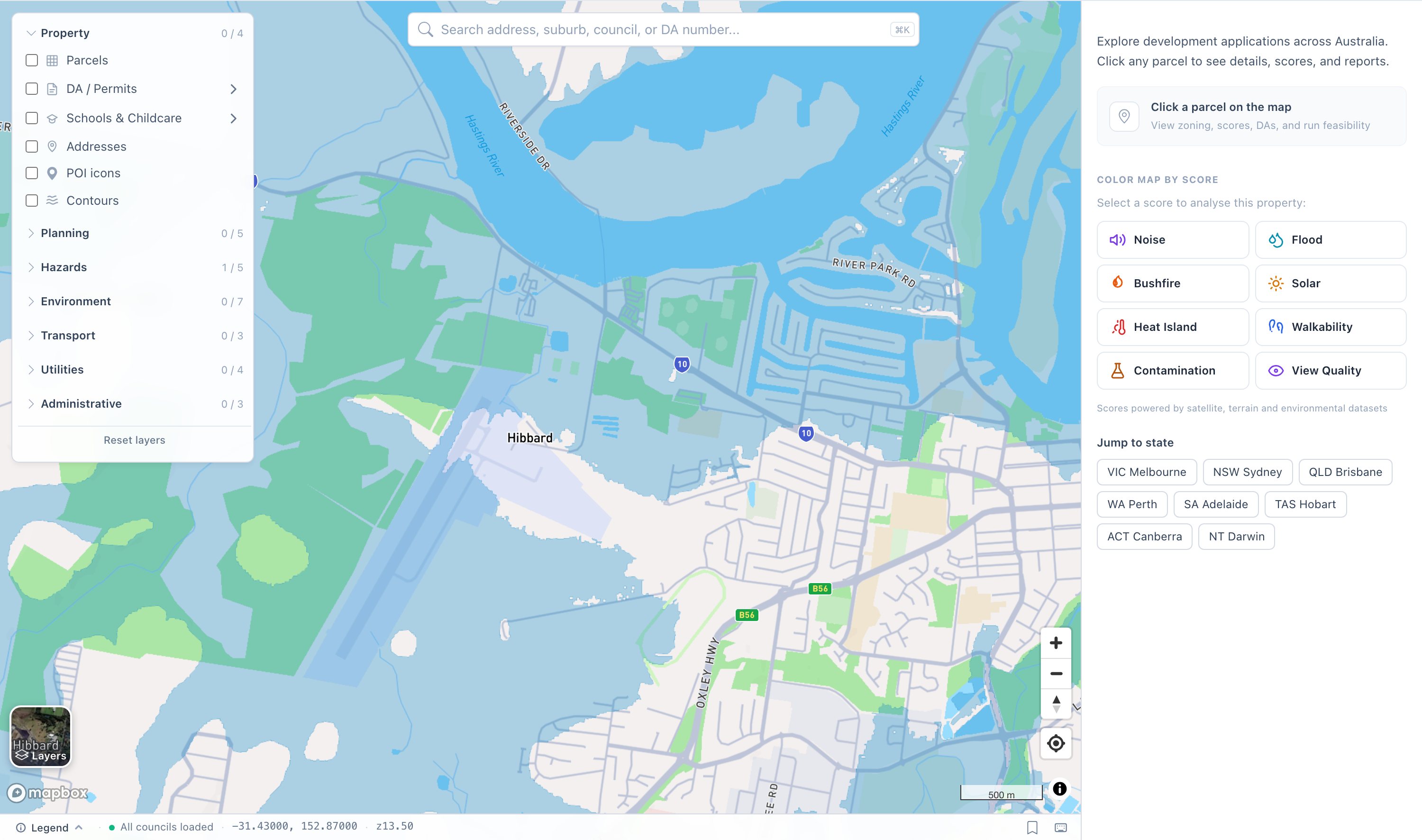 The flood layer on our map at Port Macquarie: official mapped flood extent across the Hastings River floodplain