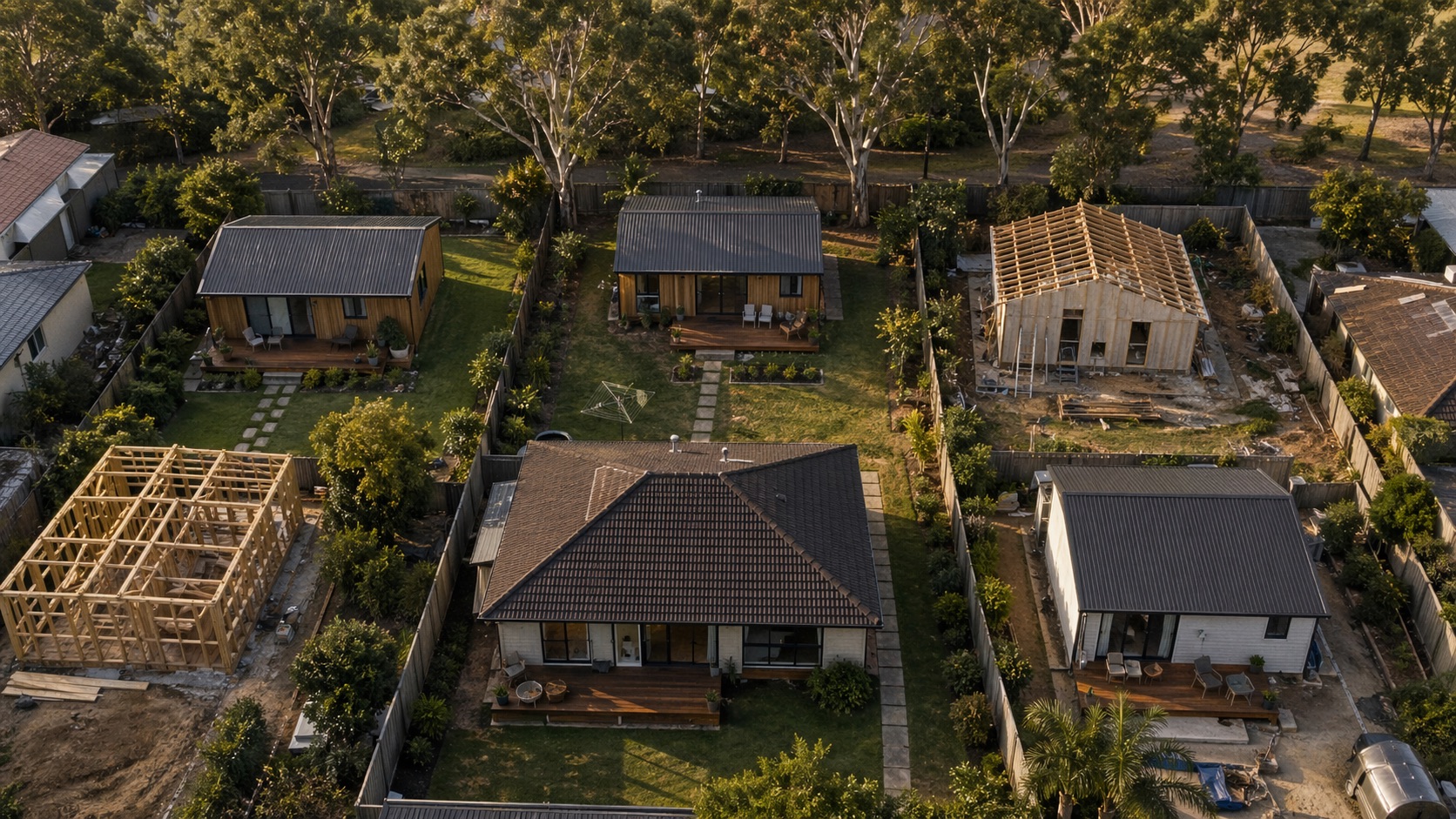 Australian suburban backyard with a small granny flat behind the main house