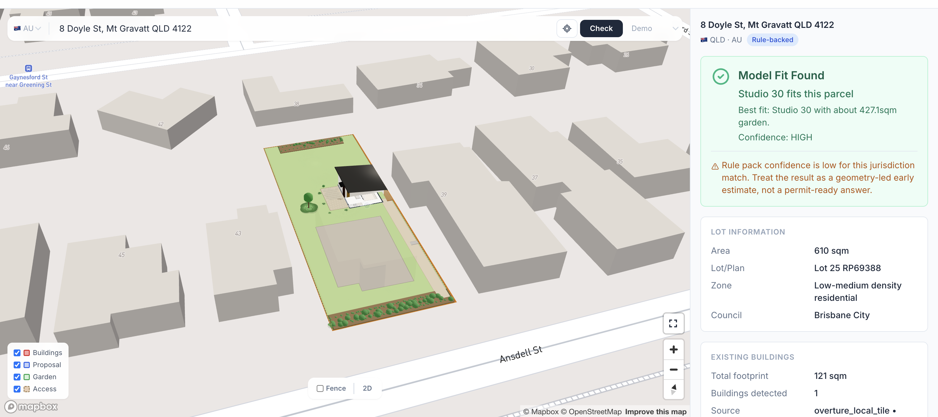 DA Leads Granny Flat Feasibility Checker analysing an Australian property with 3D model and placement recommendation