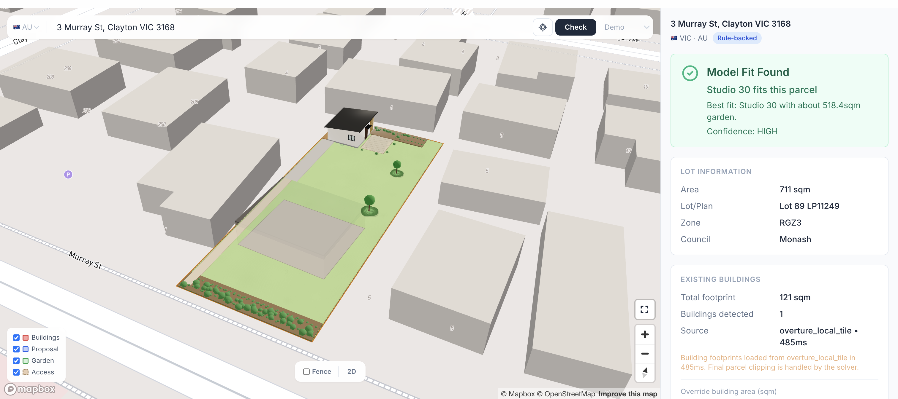 DA Leads Granny Flat Feasibility Checker analysing a Clayton VIC property with 3D model, garden plan and placement recommendation