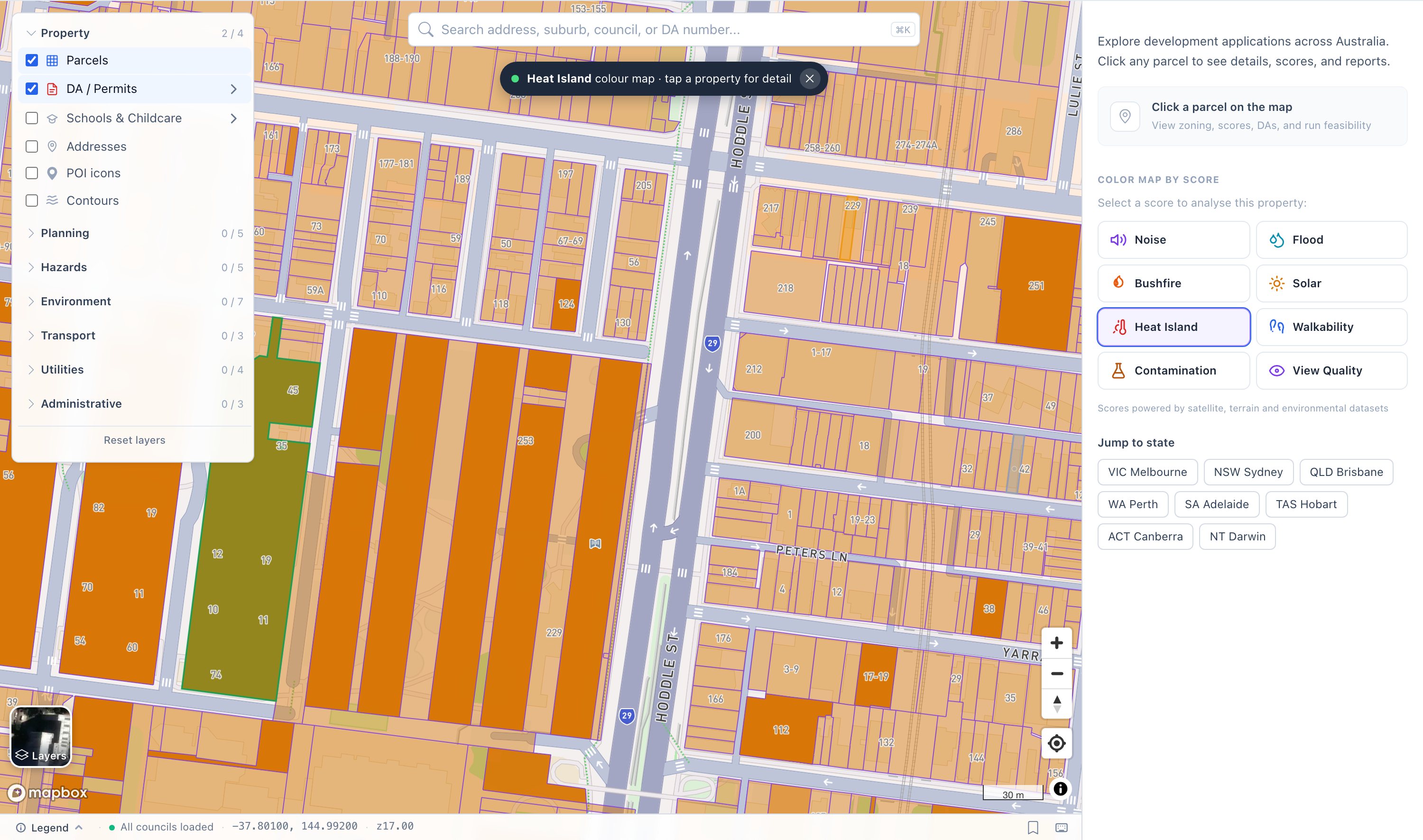 The heat island colour map on our map in Collingwood: hot streets in orange, a cooler park-side block in green