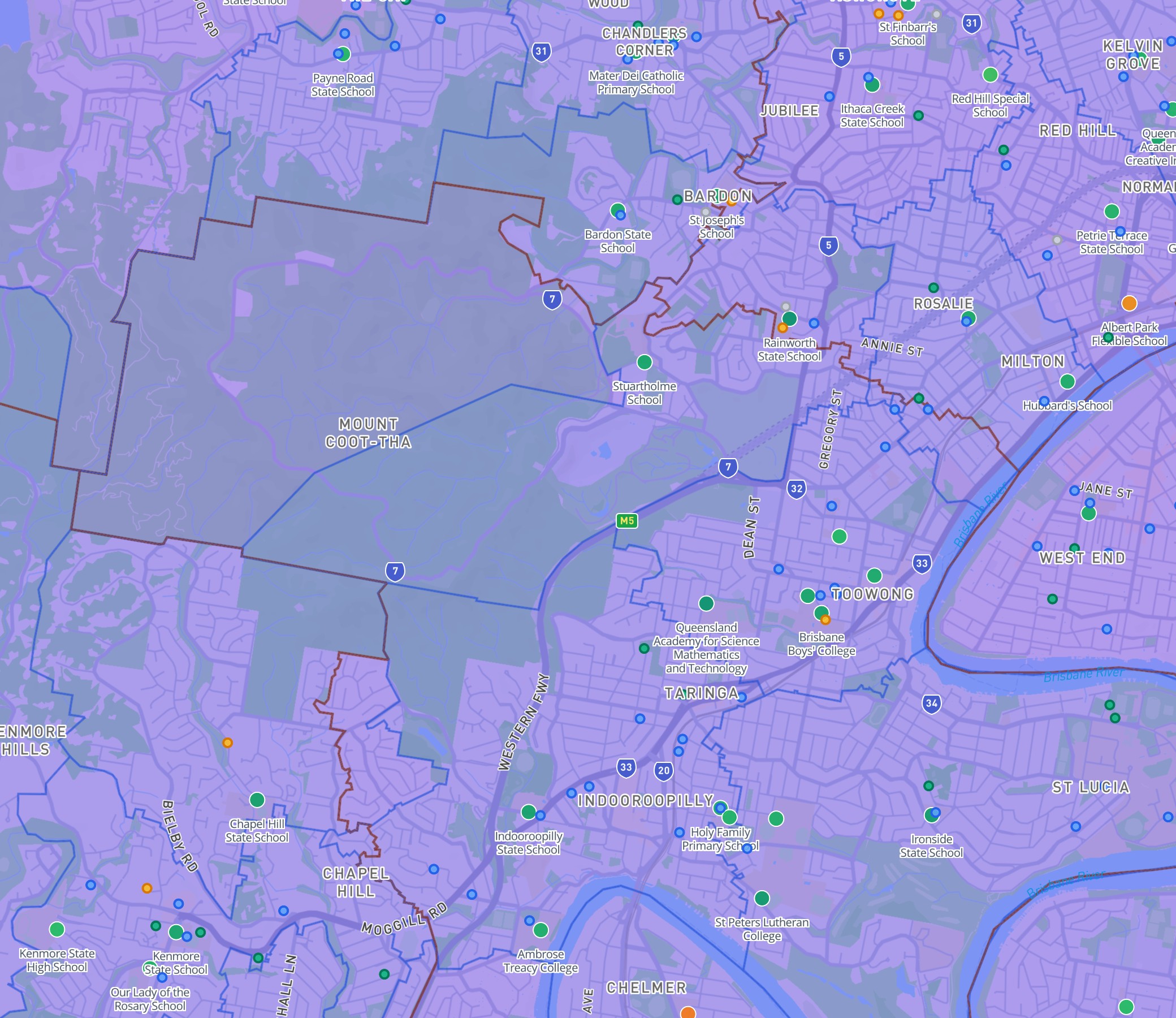 DA Leads map showing Brisbane's western school corridor from Bardon to Indooroopilly