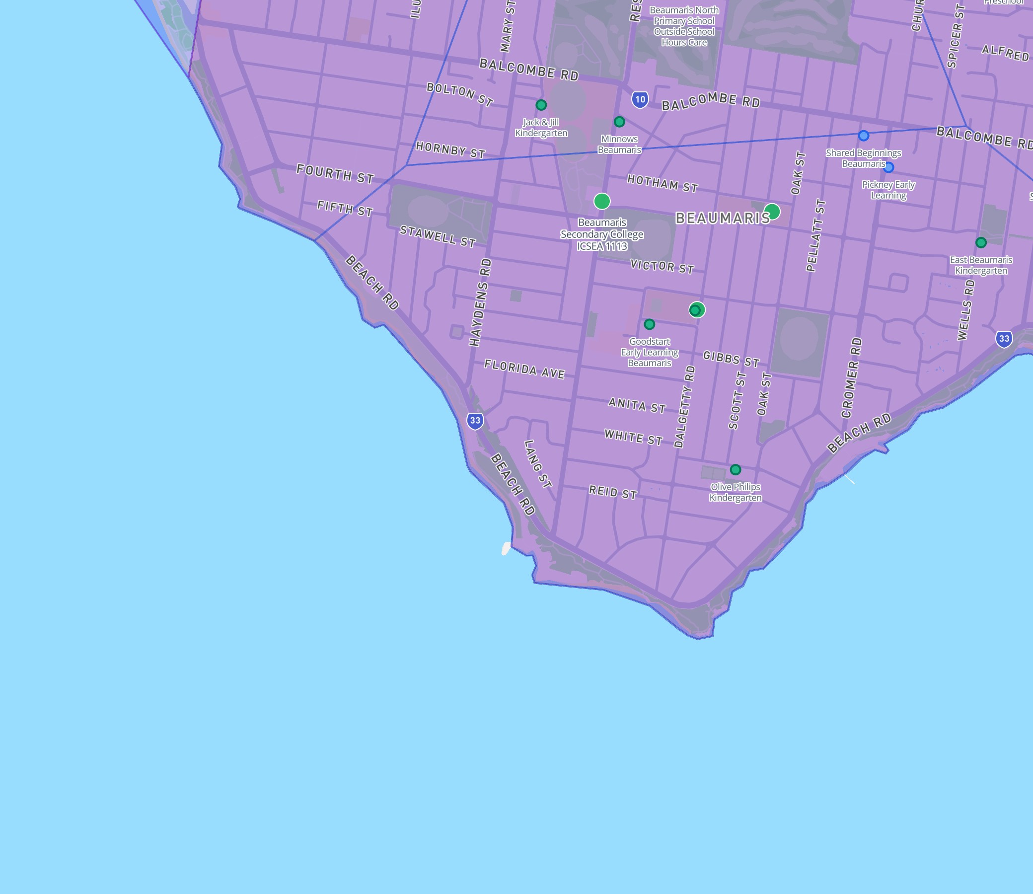 DA Leads map showing Beaumaris childcare cluster