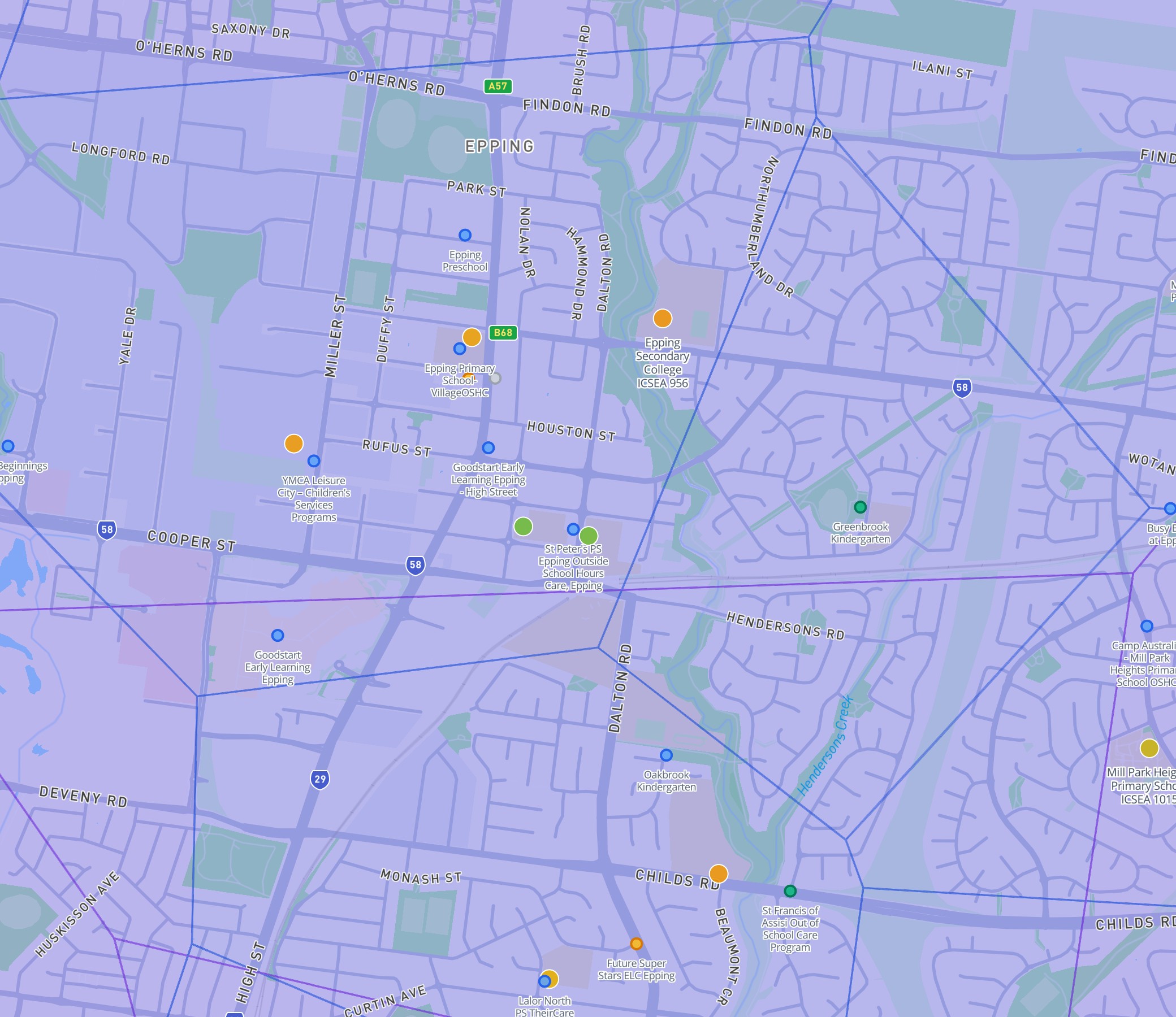 DA Leads map showing Epping childcare density
