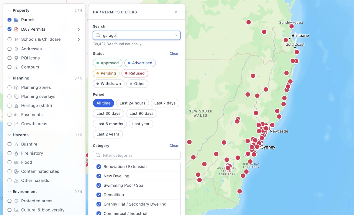 DA Leads map filtering for garage development applications across eastern Australia
