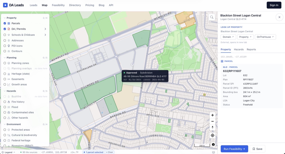 DA Leads interactive map showing development applications and parcel data in Logan, QLD