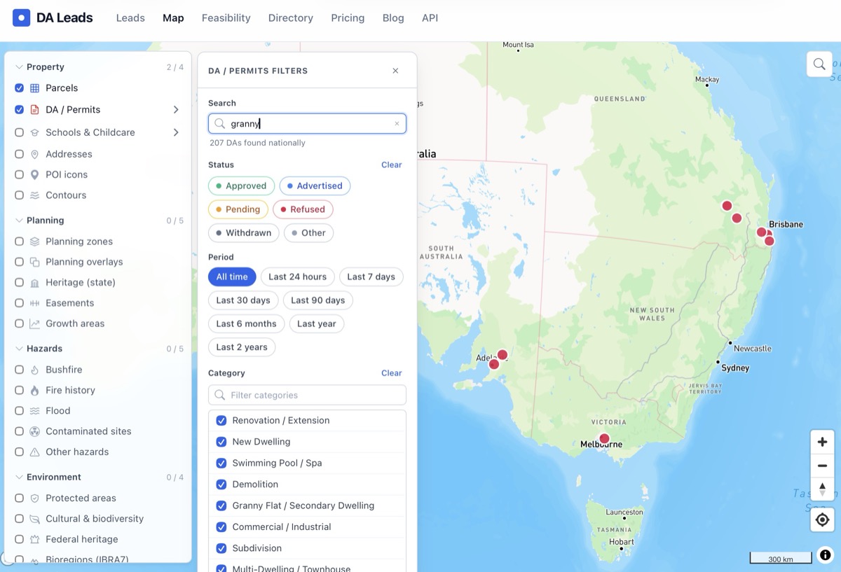 DA Leads map showing 207 granny flat and secondary dwelling DAs found nationally