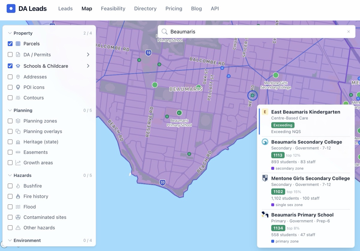 DA Leads map showing Beaumaris schools, childcare and catchment zones