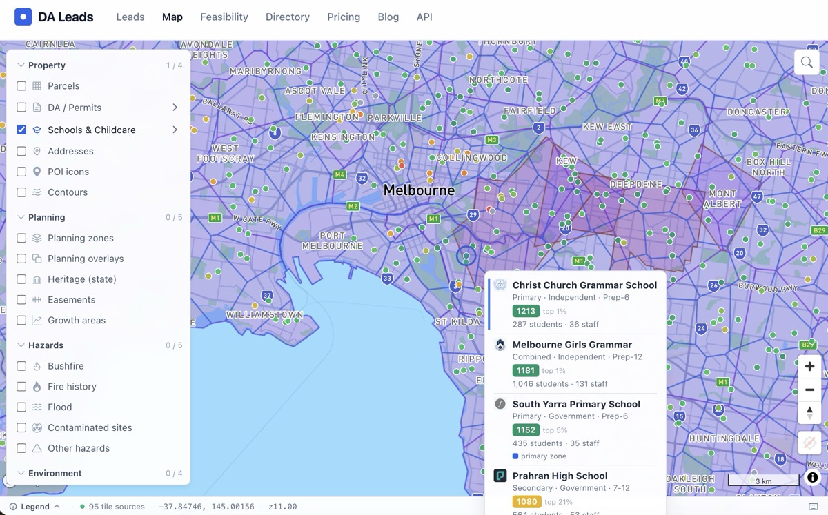 DA Leads map showing South Yarra schools colour-coded by ICSEA percentile