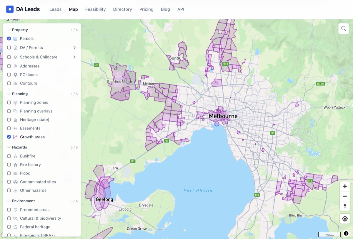 DA Leads map showing Melbourne growth areas and planning zones for multi-dwelling development