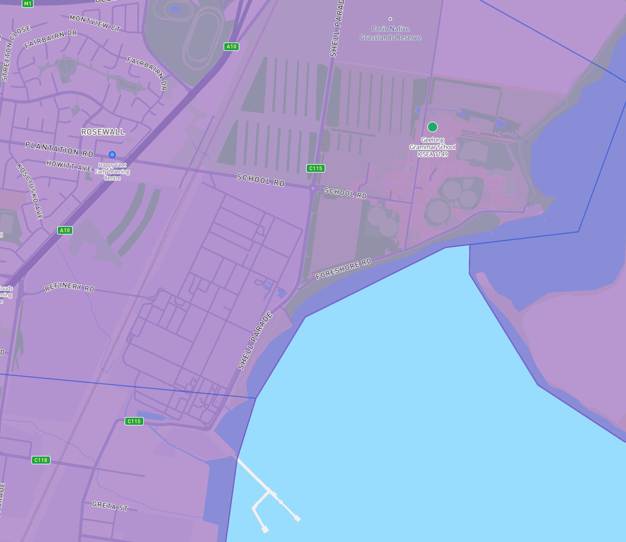 DA Leads map showing Corio school catchment zones with ICSEA colour coding