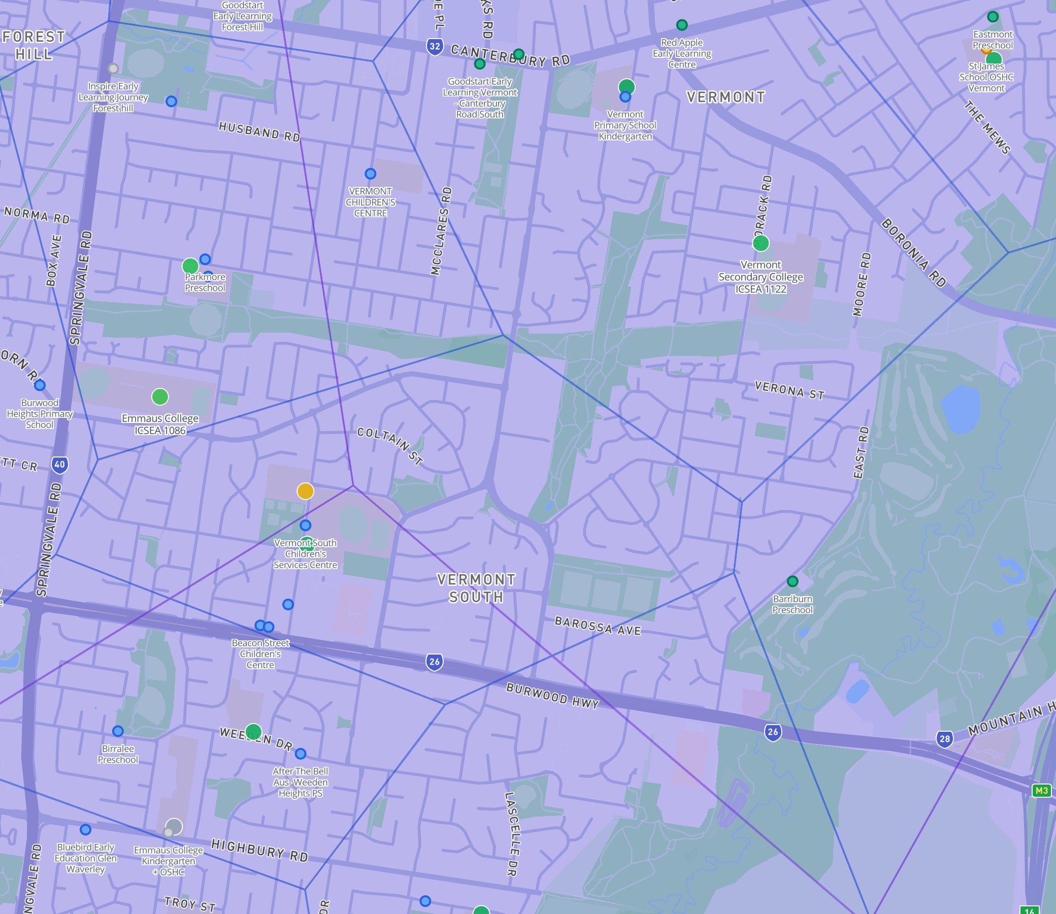 DA Leads map showing Vermont schools in Melbourne's outer east