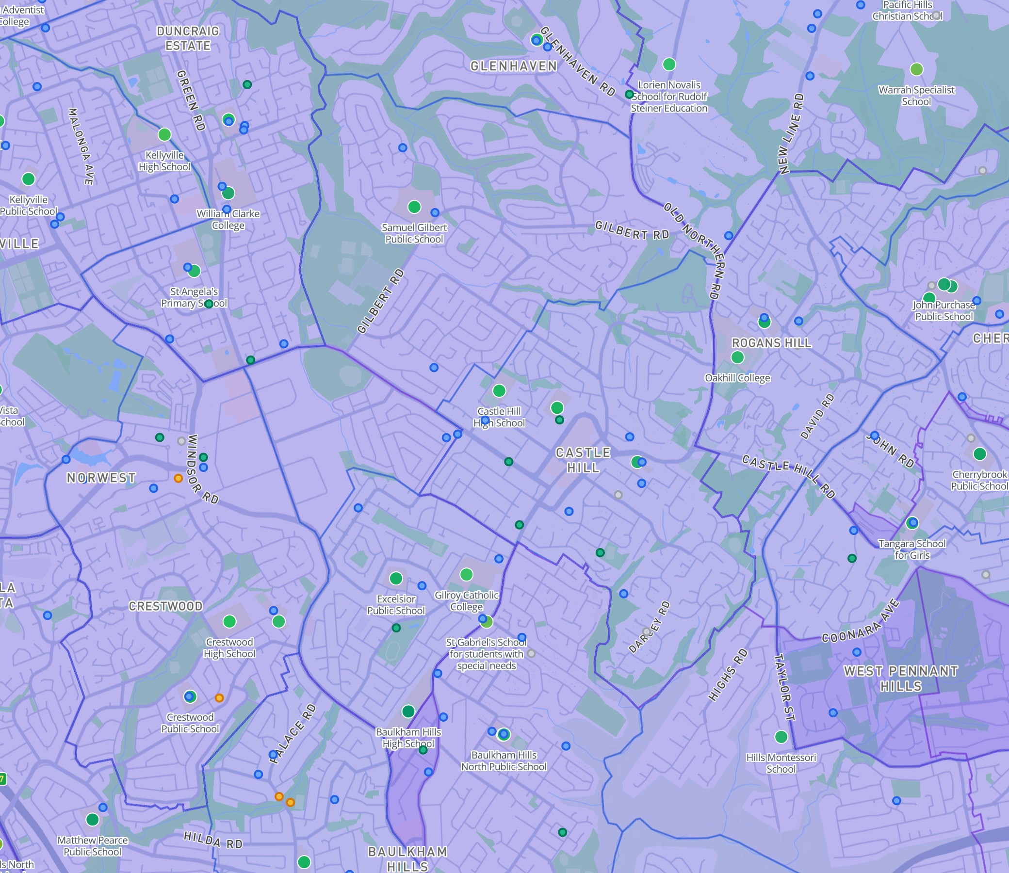 DA Leads map showing Castle Hill and Baulkham Hills childcare density