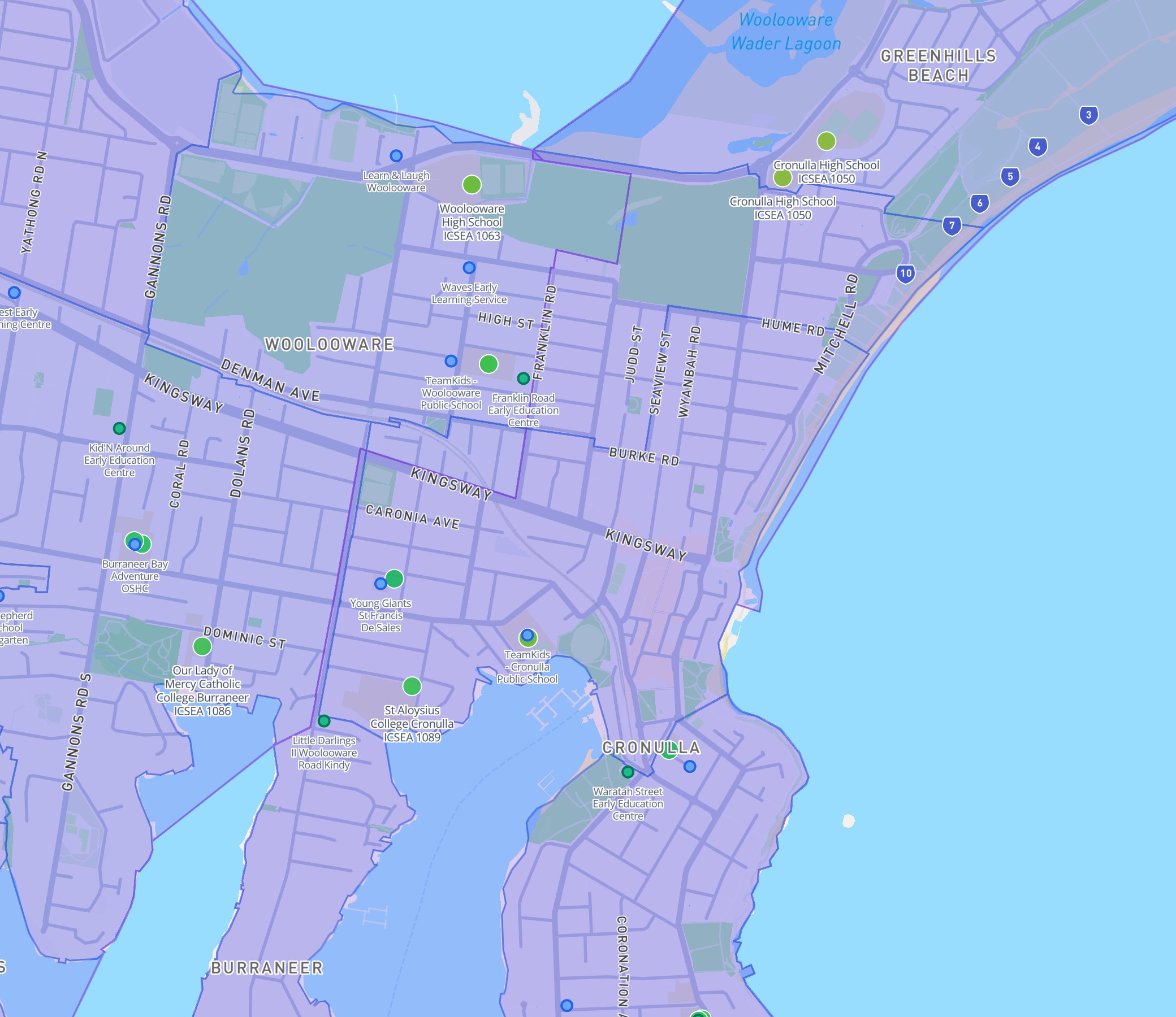 DA Leads map showing Cronulla childcare services colour-coded by NQS rating