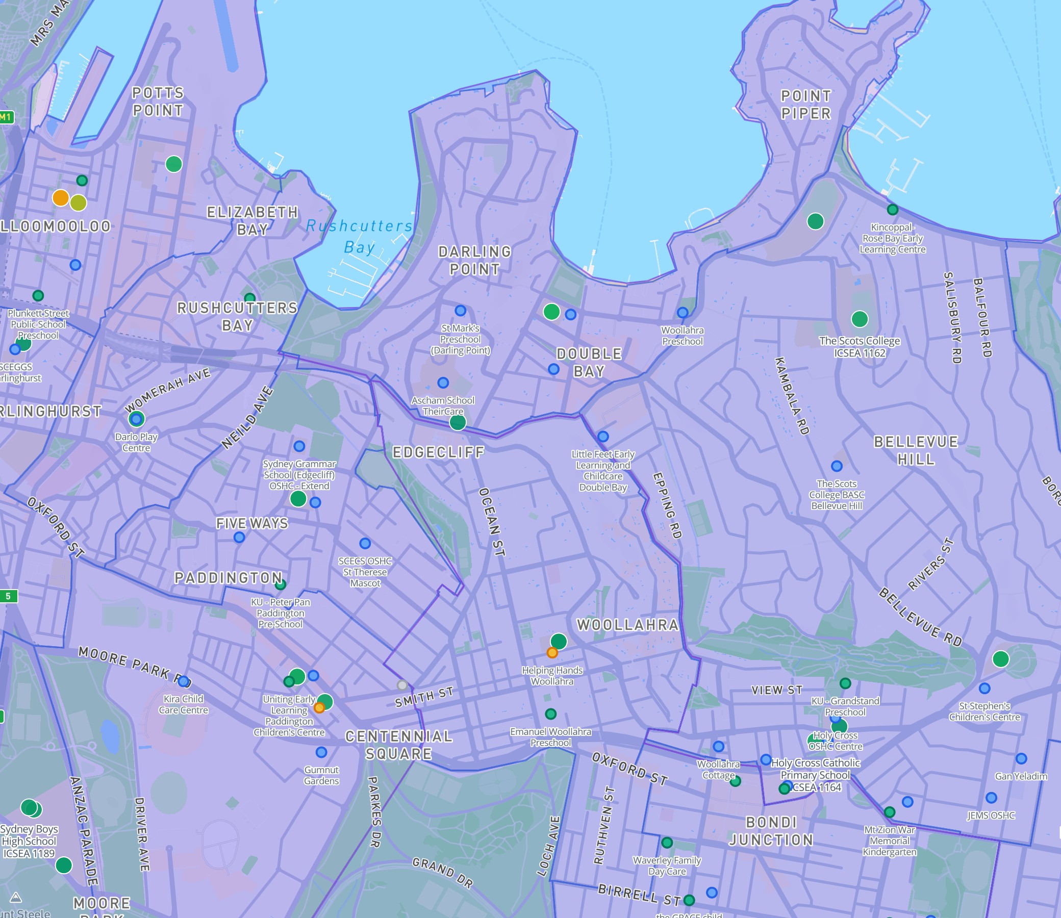 DA Leads map showing Eastern Suburbs schools around Woollahra, Paddington, and Randwick