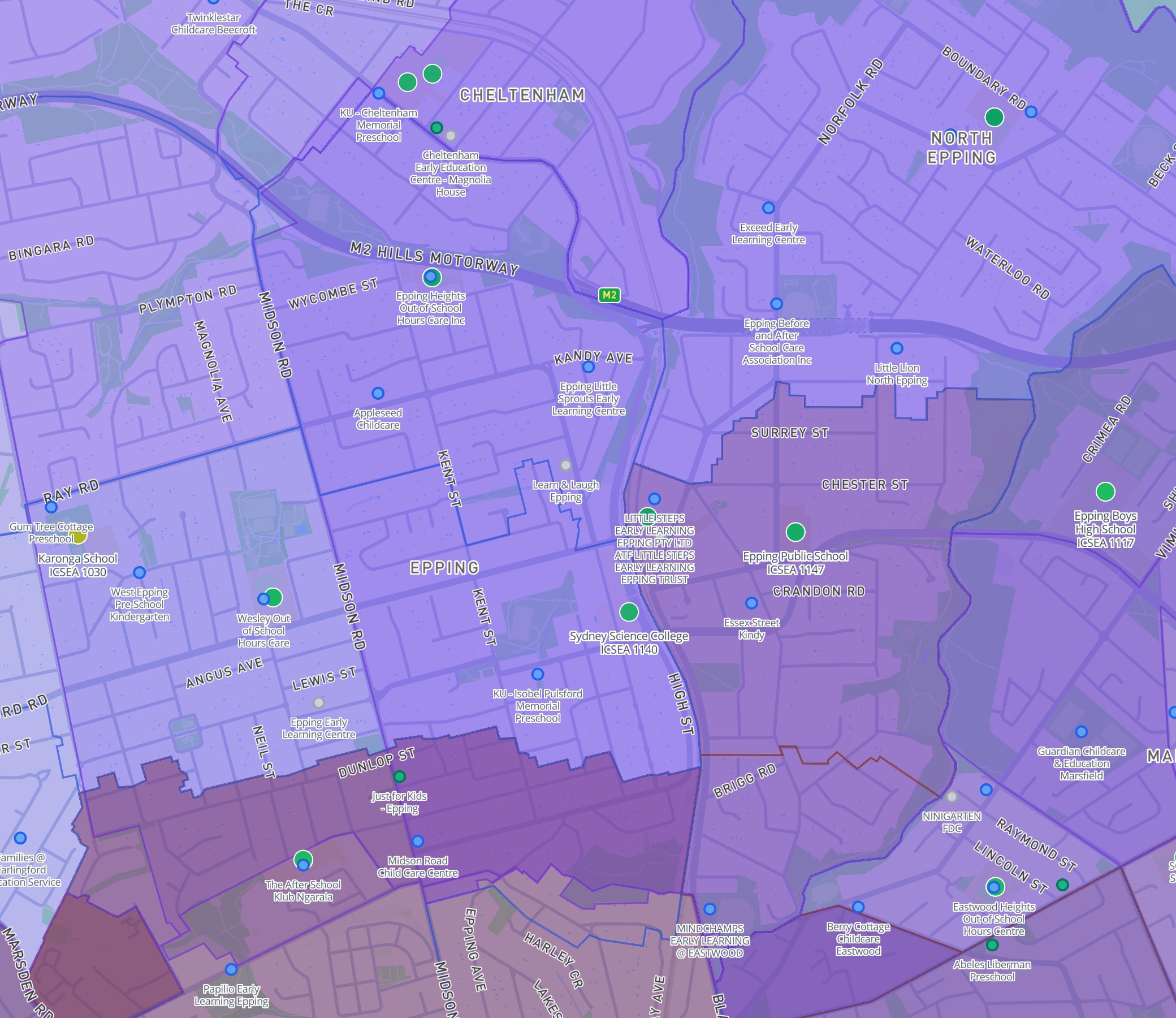 DA Leads map showing Epping schools with ICSEA colour coding