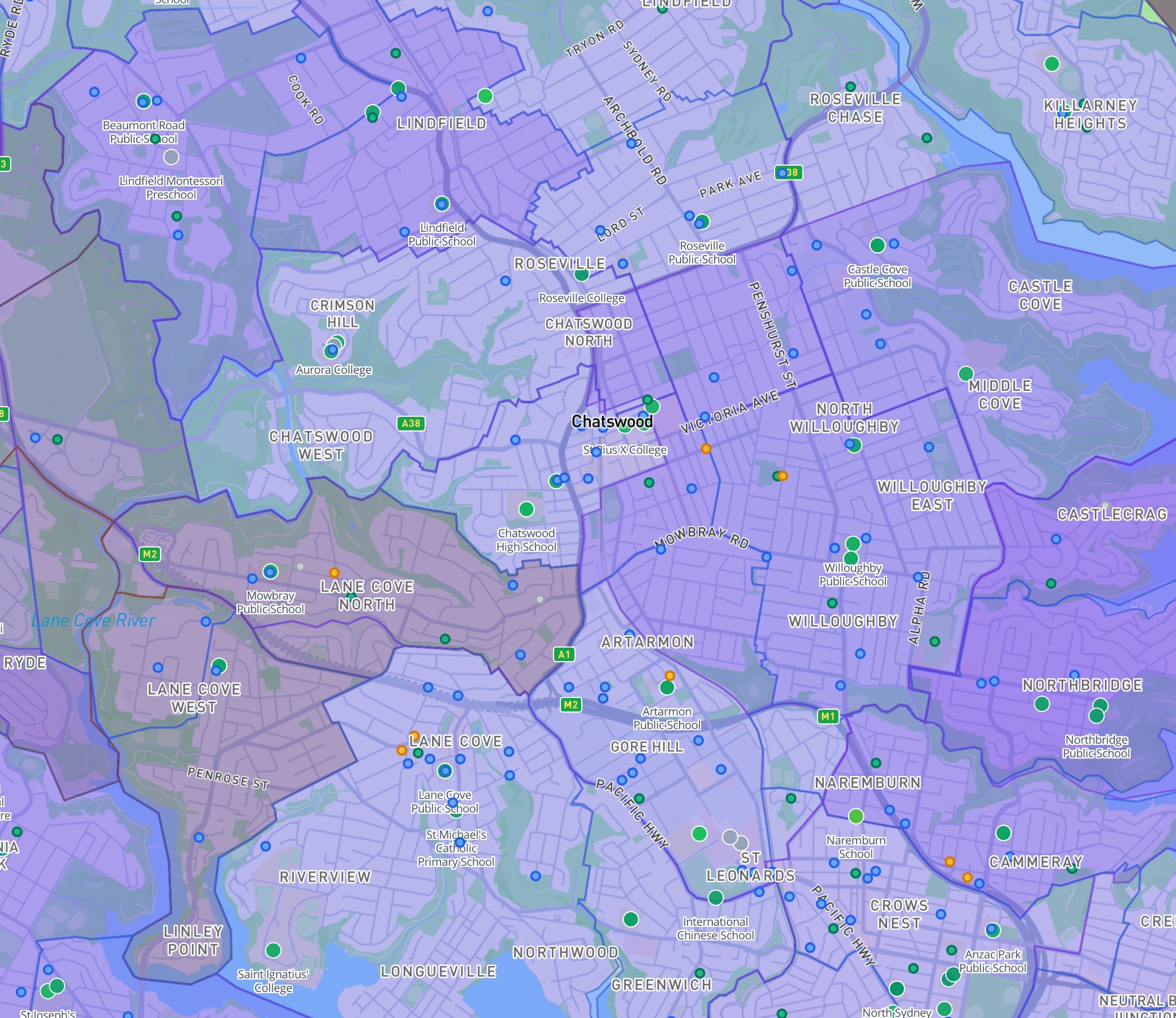 DA Leads map showing Sydney's North Shore school corridor from Mosman to Hornsby, colour-coded by ICSEA