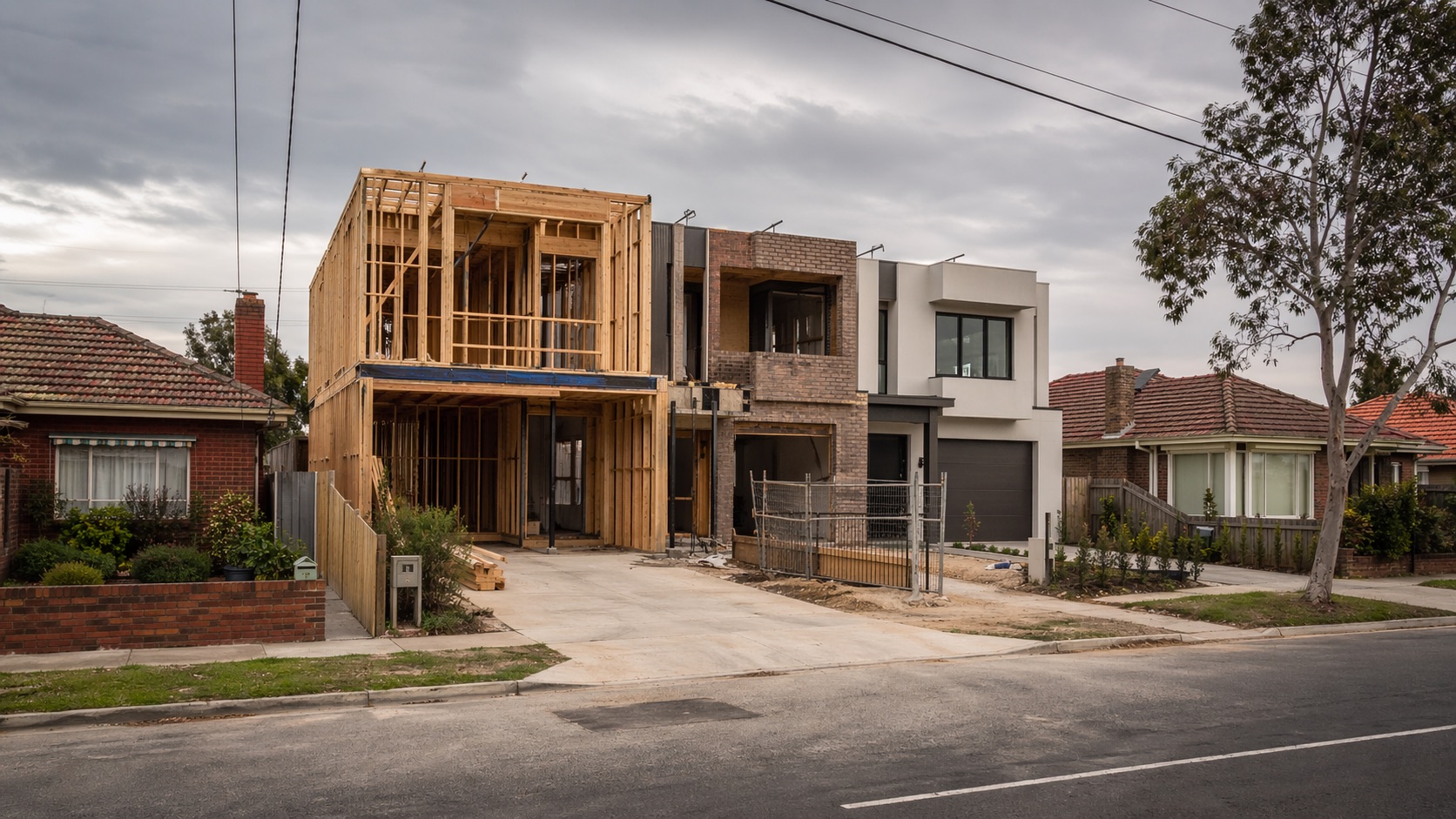 Three townhouses under construction in a Melbourne middle-ring suburb