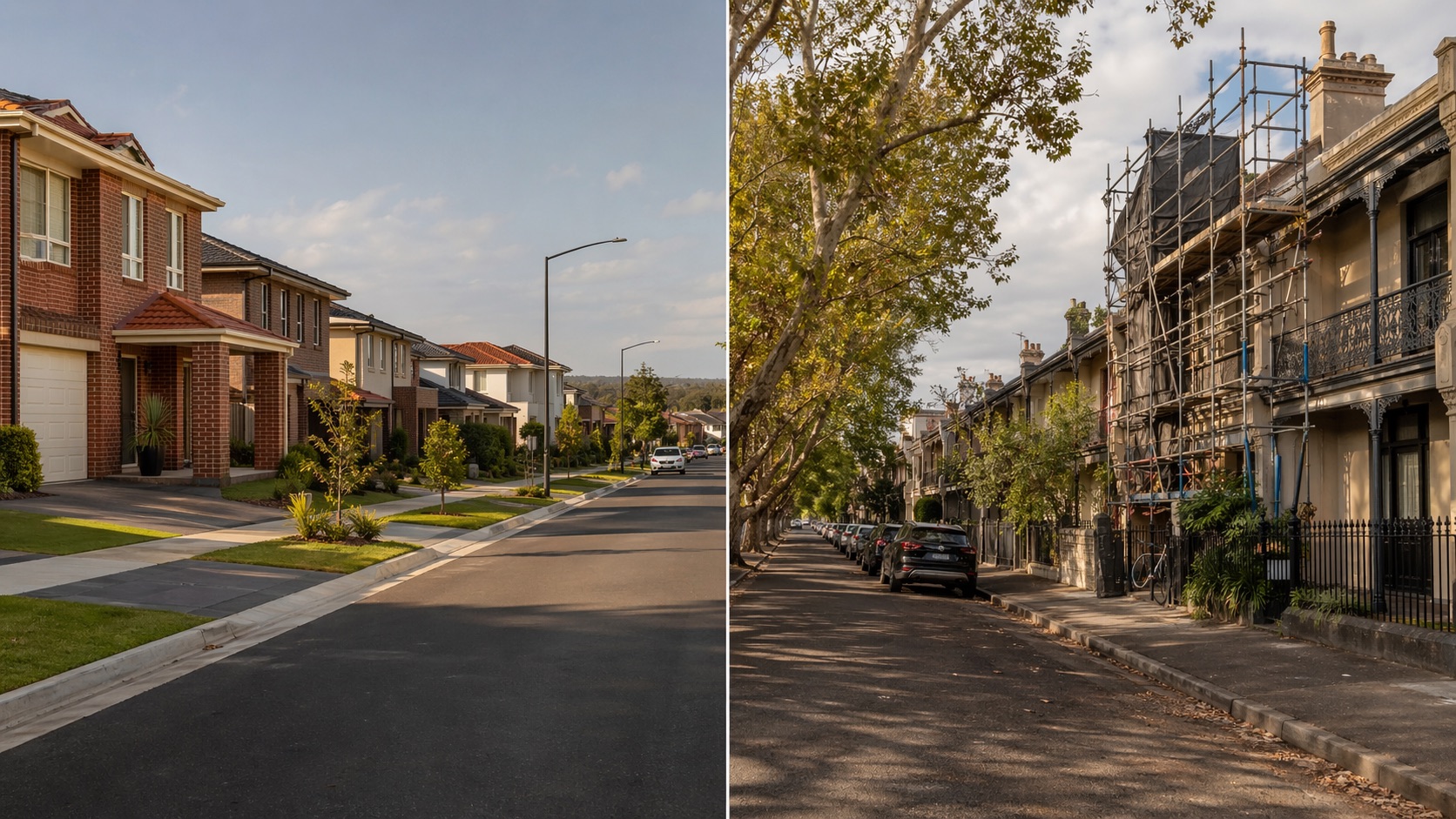 Sydney outer-west new estates vs Melbourne inner-ring renovation streets