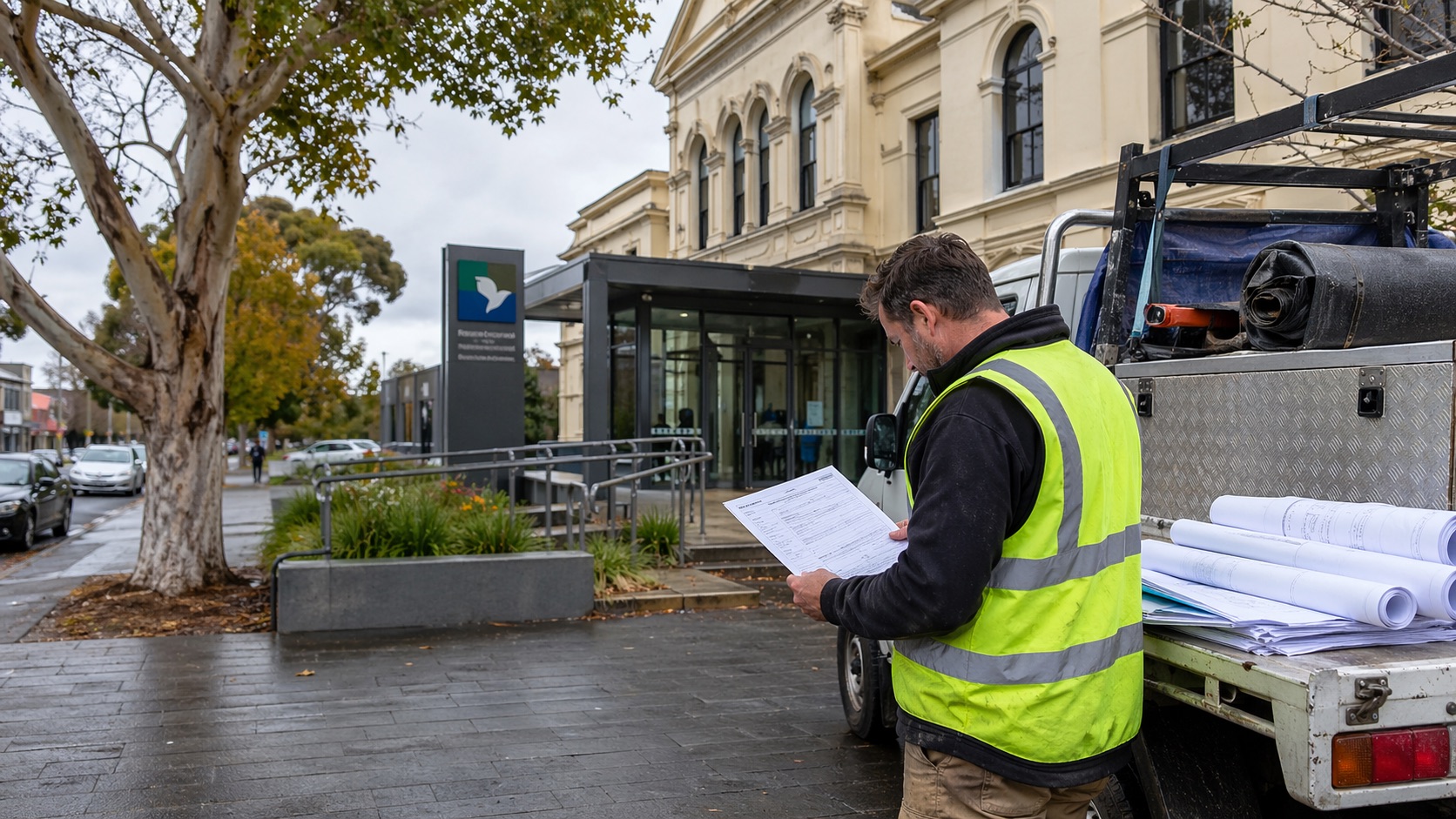 Tradesman reading a planning permit outside a Melbourne council office