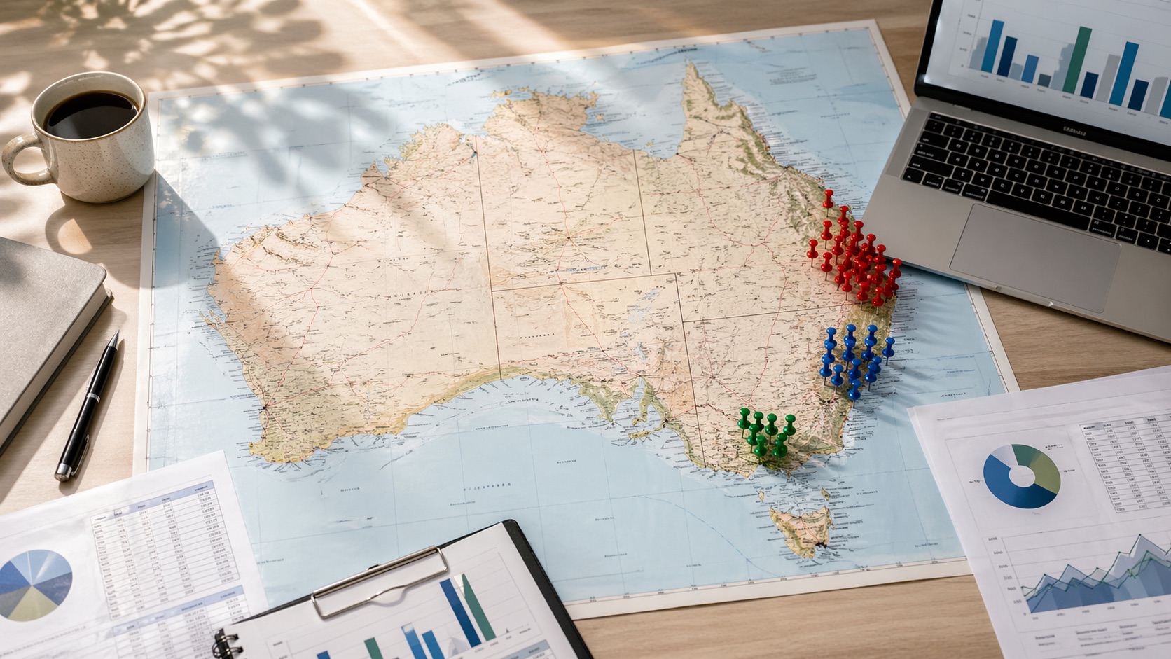 Australia map with development activity clusters and data analysis