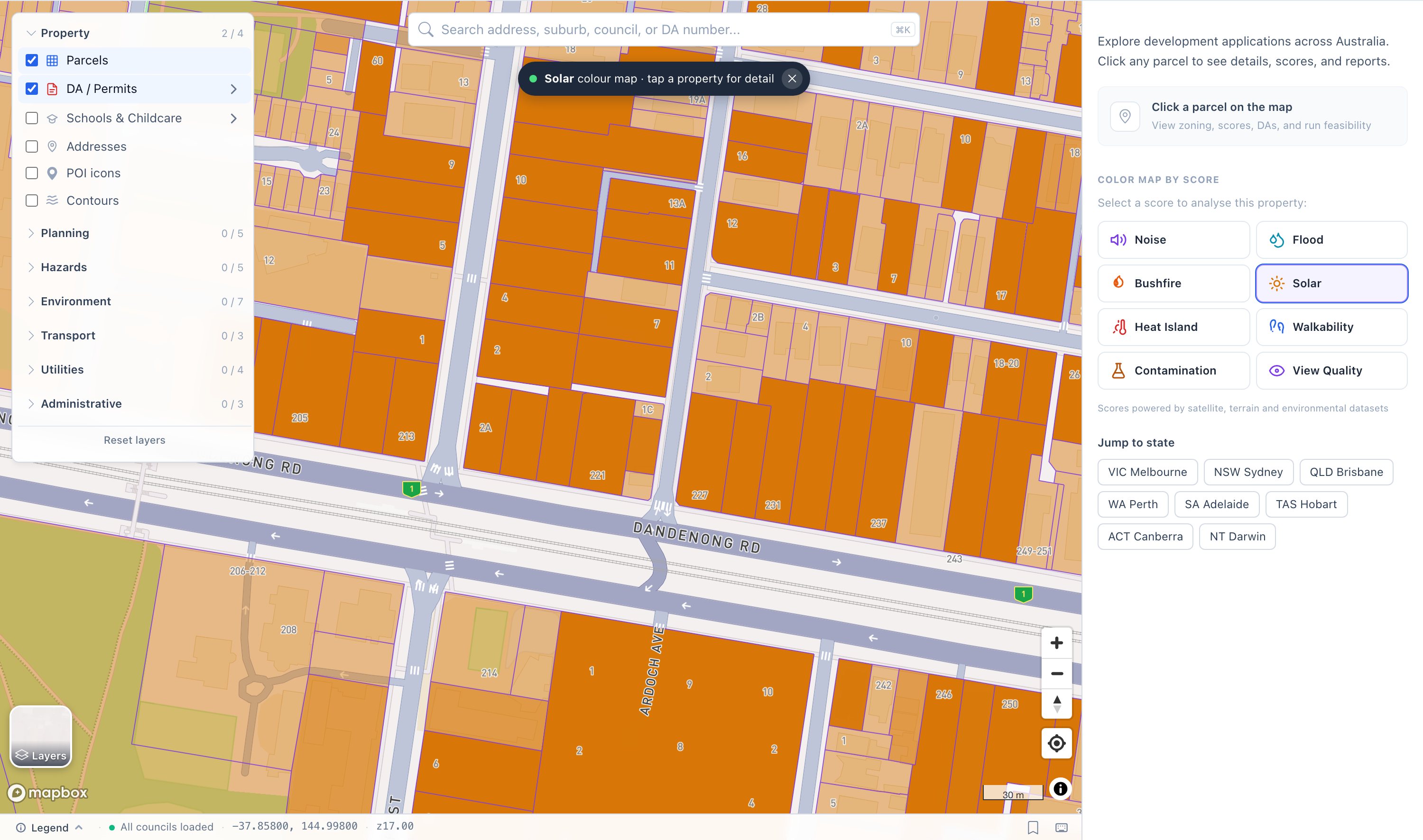 The solar colour map on our map: parcels coloured by solar potential score