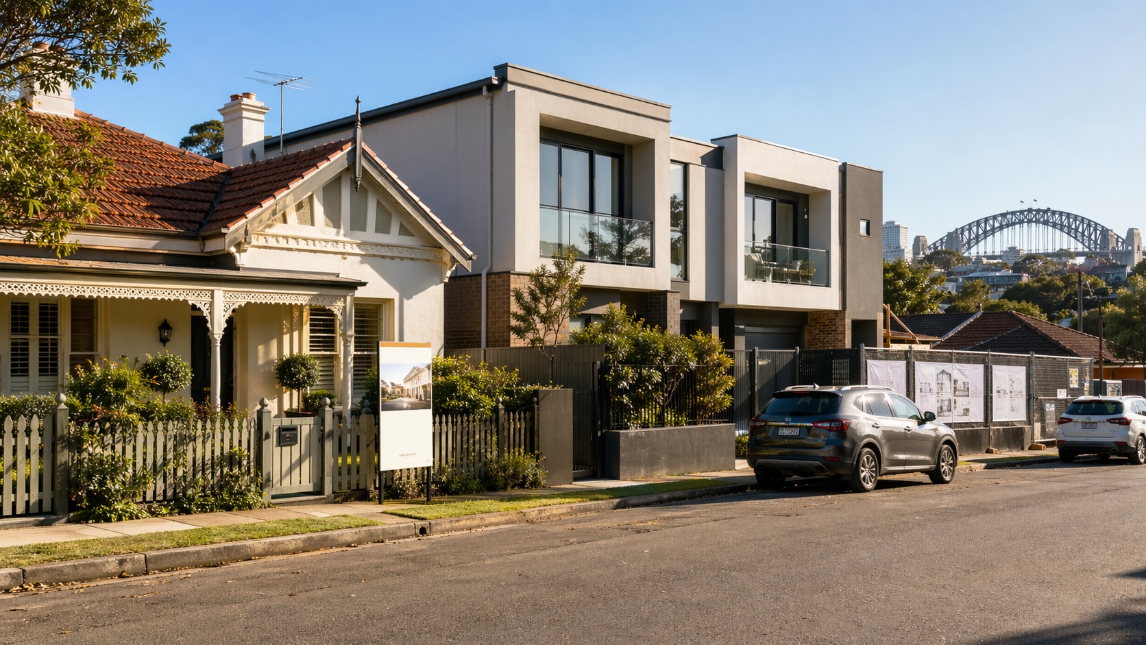 Sydney suburban street showing old and new development side by side
