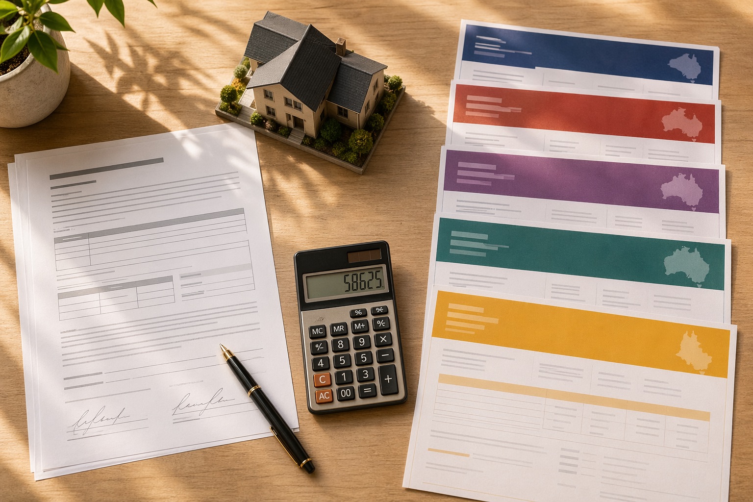 Property contract, calculator, and state revenue documents on a desk