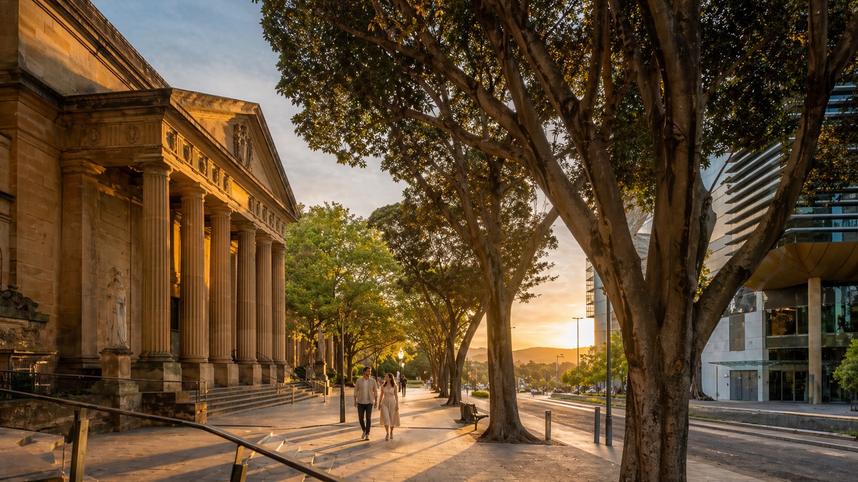 Adelaide's North Terrace cultural boulevard at golden hour