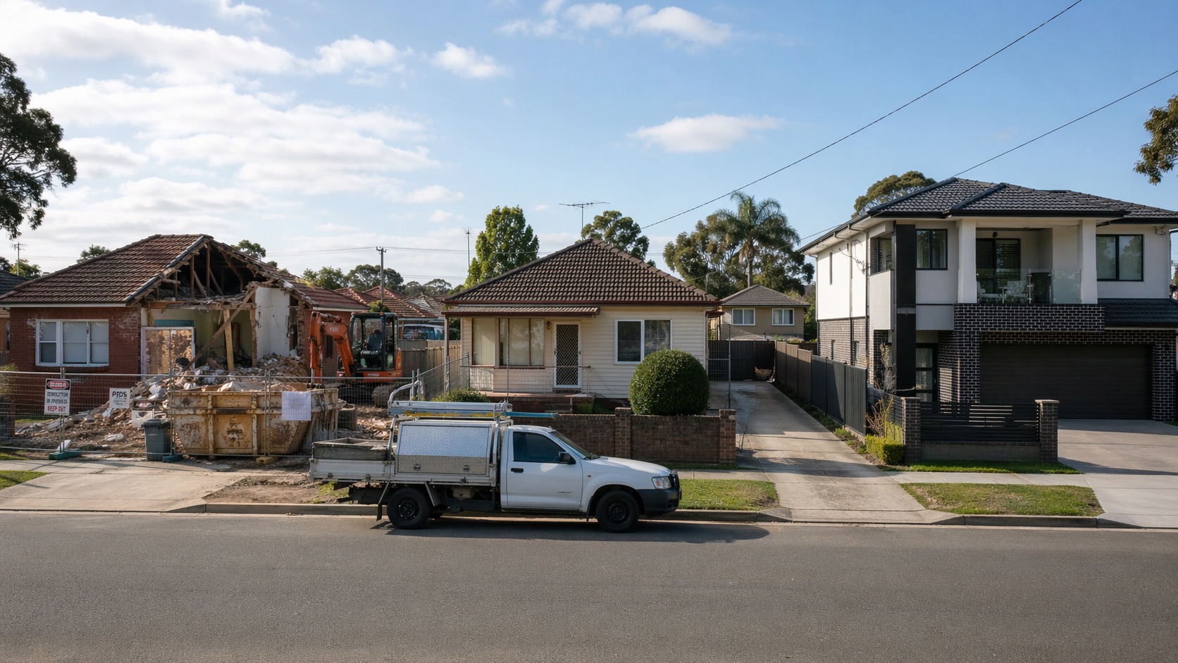 Blacktown street showing demolition, old house, and new build
