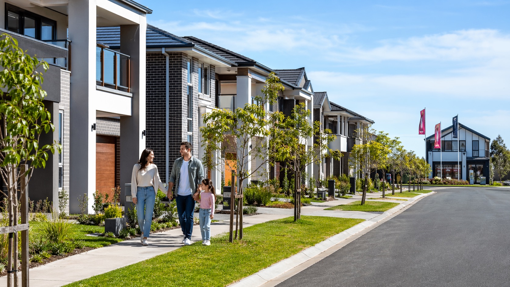 Master-planned estate street in Box Hill with new houses and families