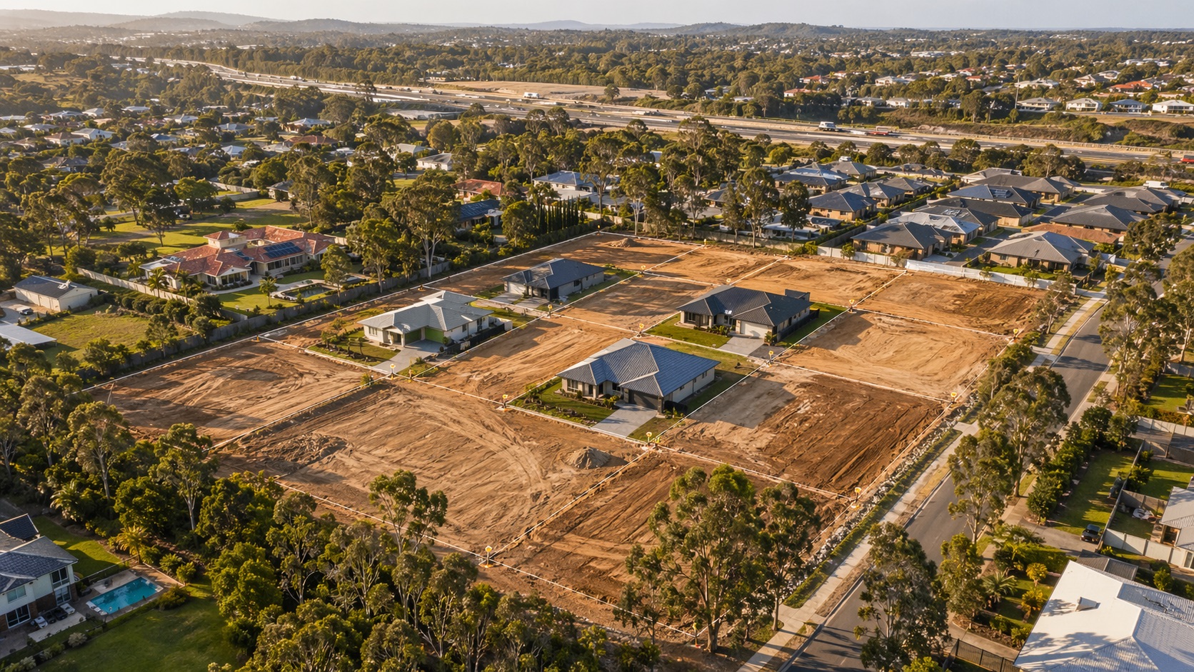Aerial view of Cornubia subdivision: large acreage blocks being divided into smaller residential lots