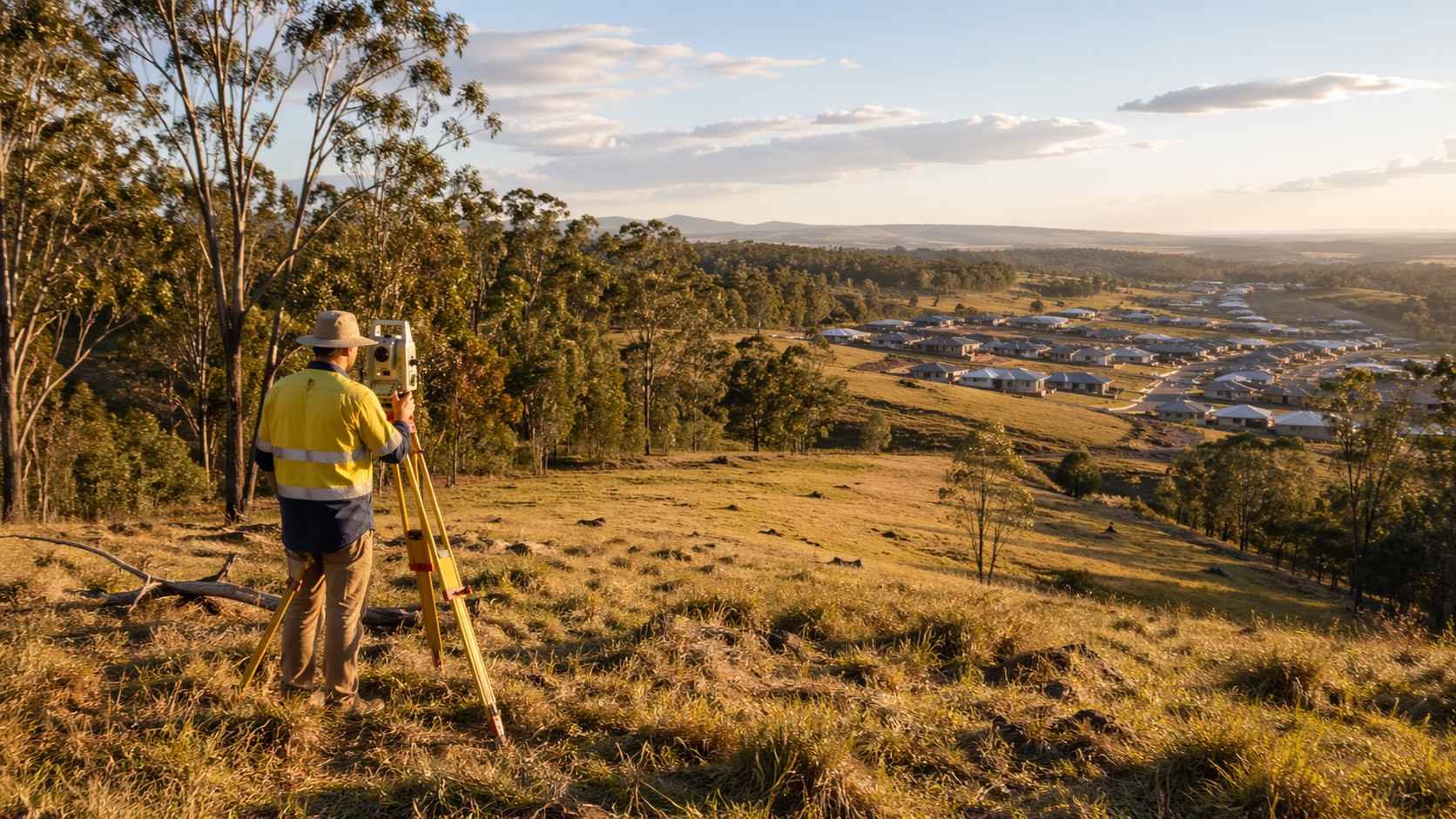 Surveyor on a Greenbank hillside overlooking new development in the valley
