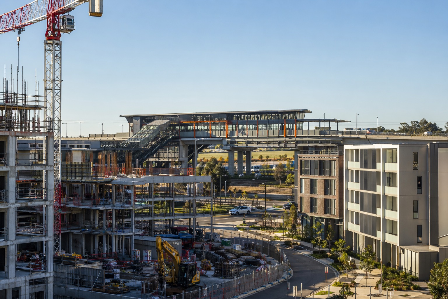 Leppington station precinct with crane and apartment construction