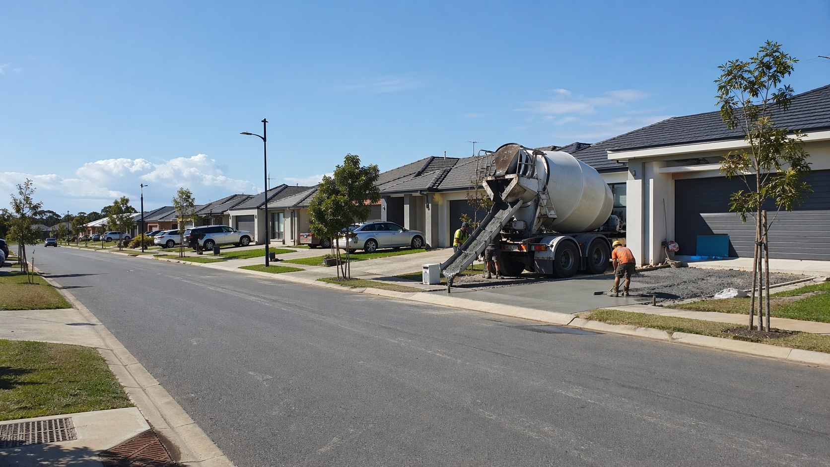 New residential street in Logan Reserve with concrete truck pouring a driveway