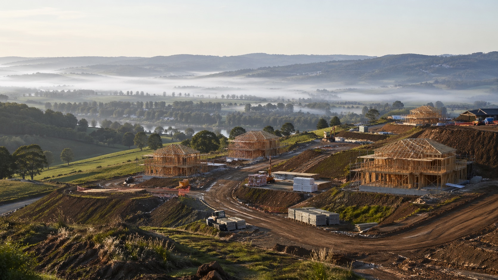 Menangle Park development on rolling green hills with timber house frames