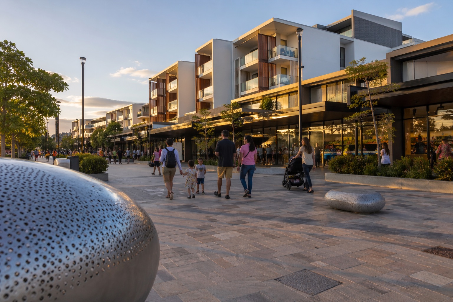 Oran Park town centre with cafes, apartments, and families