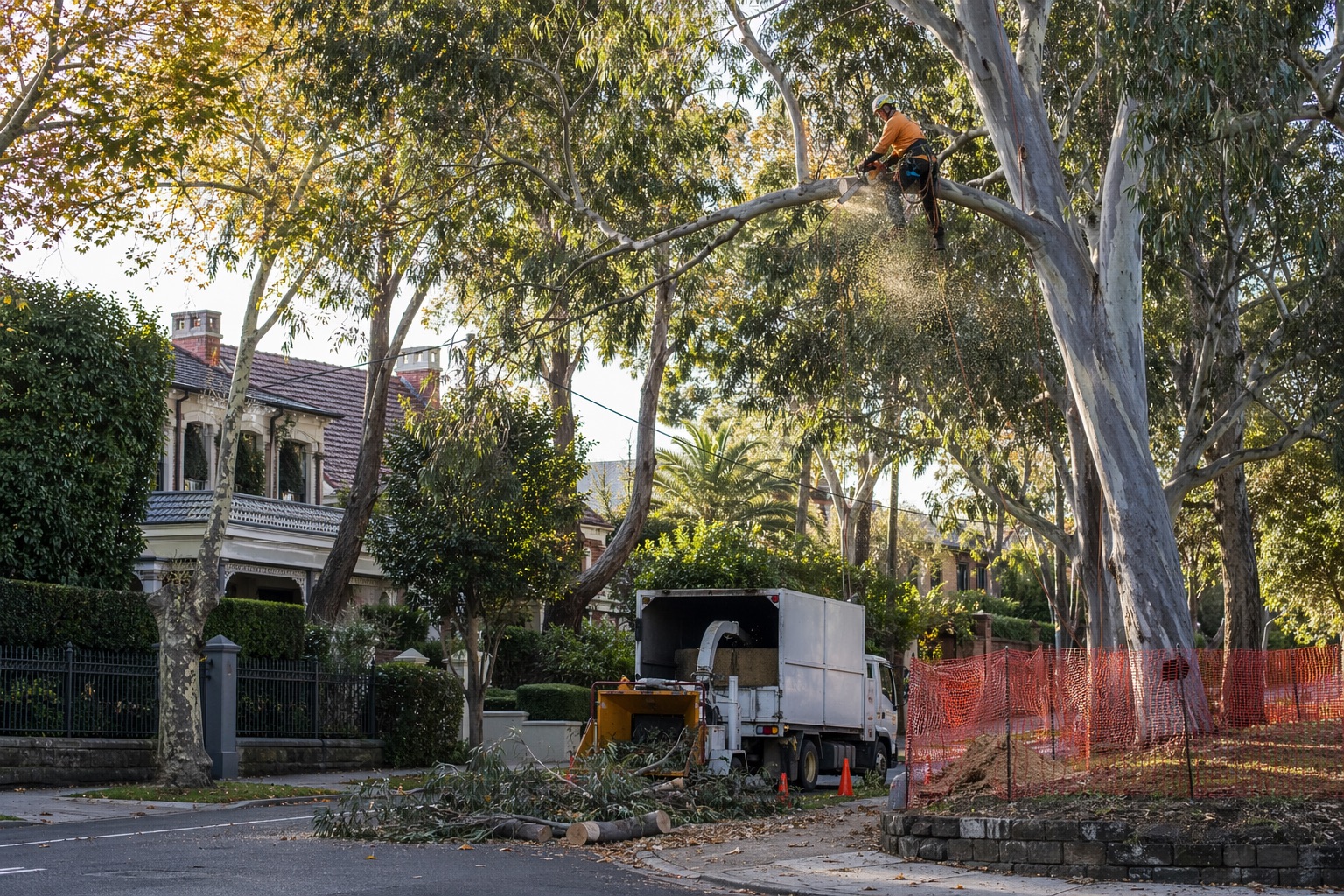 Arborist working on a large eucalyptus tree in a Melbourne eastern suburb