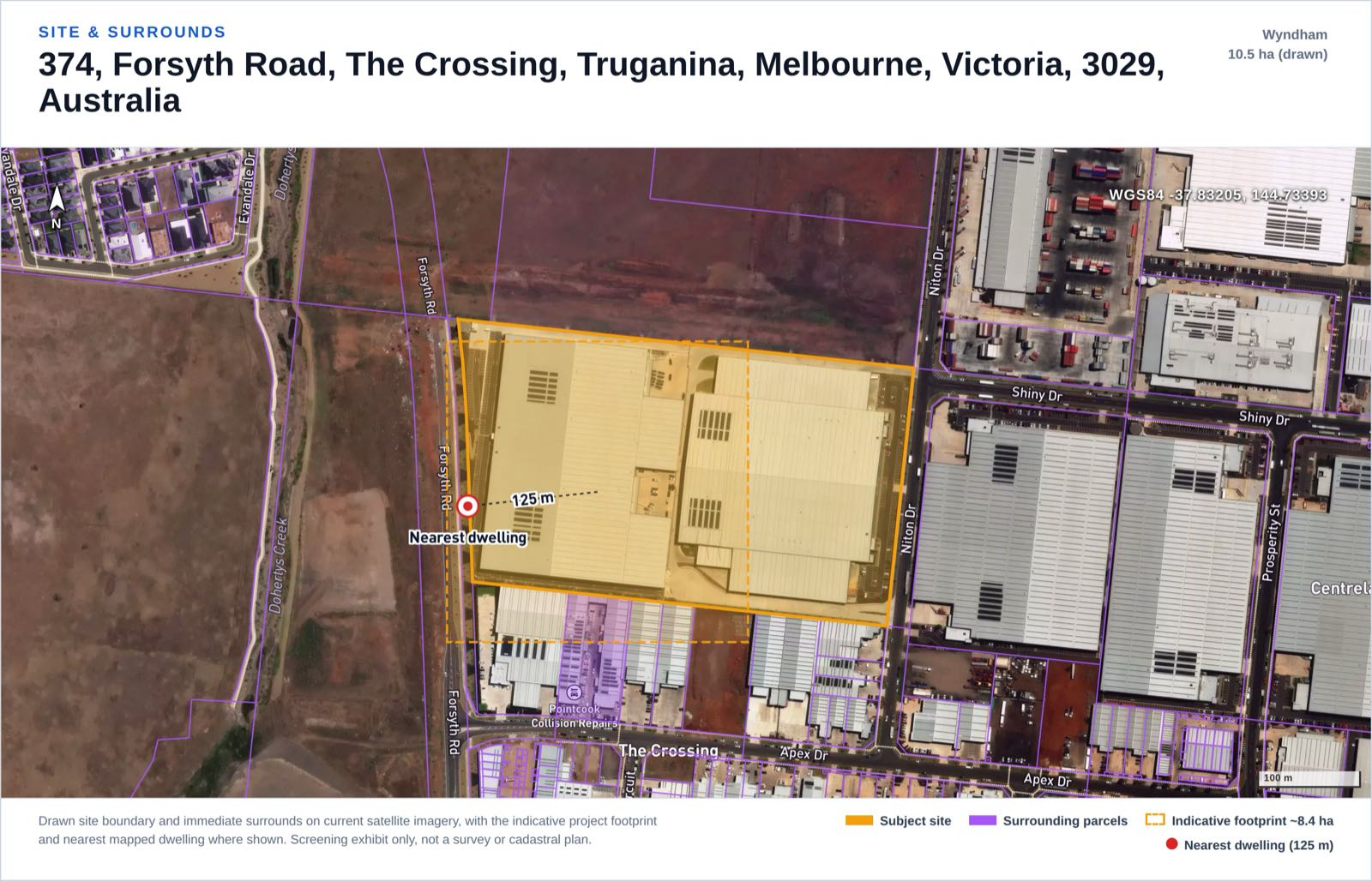 Site and surrounds exhibit from our englobo screening report for a 10.5 ha Urban Growth Zone parcel at Truganina VIC