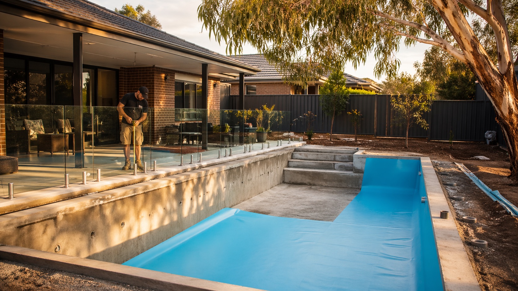 Melbourne backyard pool under construction with glass barrier fence