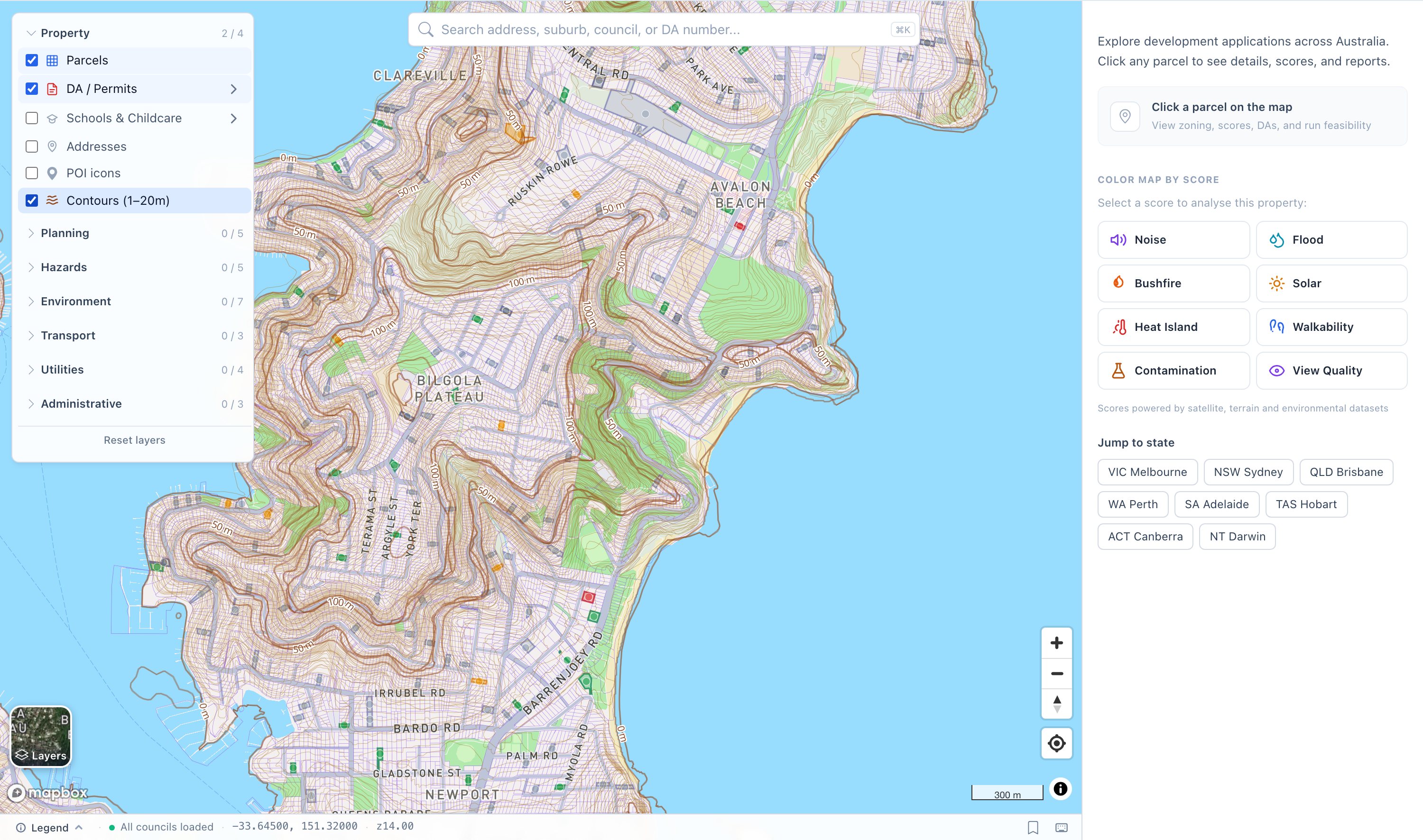 Contour lines on our map across Bilgola and Avalon: ridges, plateaus and the coastline that create the views