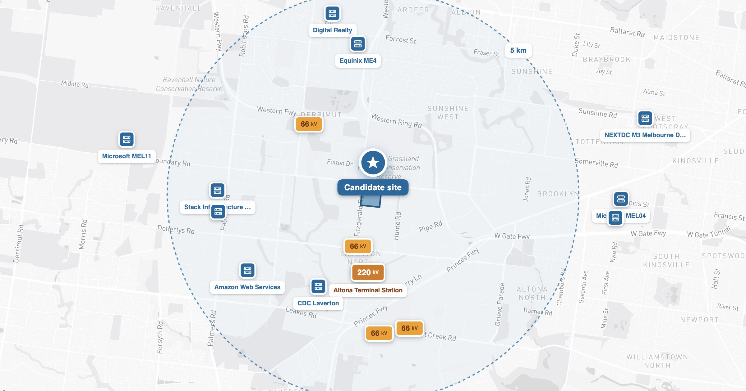 Substations and existing data centres around Laverton North Data Centre Screening (demo), 5 km radius
